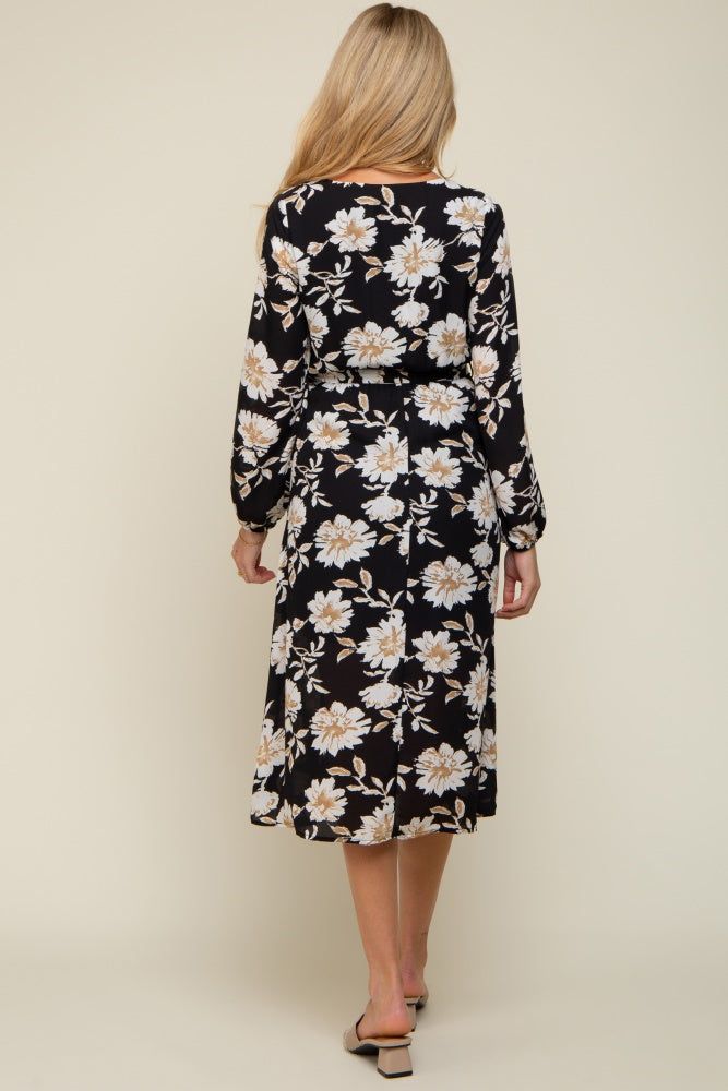 Black Floral Wrap Front Waist Tie Maternity Midi Dress sold by Pinkblush product image thumbnail 3