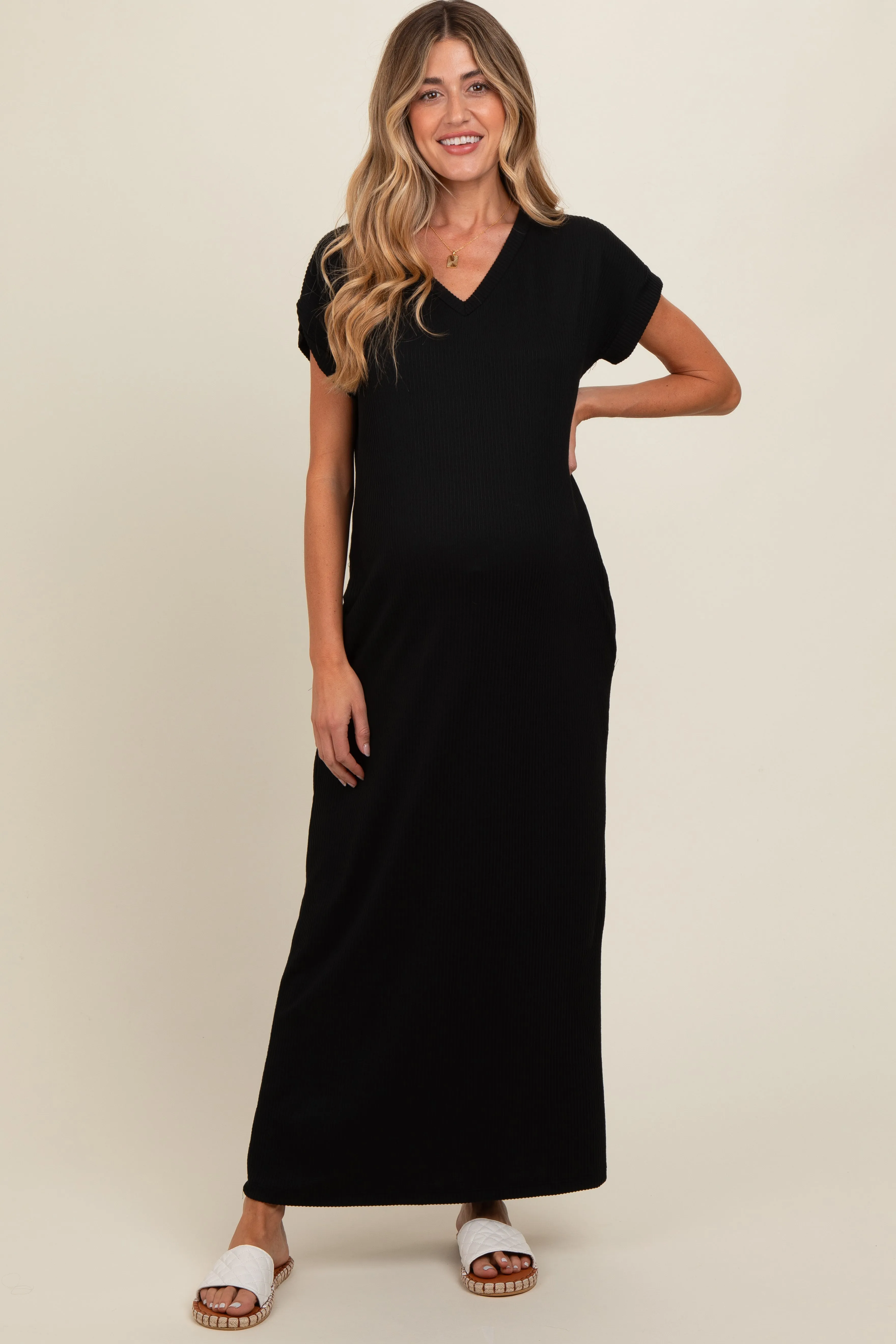 Black Ribbed V-Neck Maternity Midi Dress sold by Pinkblush