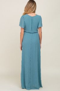Turquoise Chiffon Short Sleeve Wrap V-Neck Front Slit Maternity Maxi Dress sold by Pinkblush
