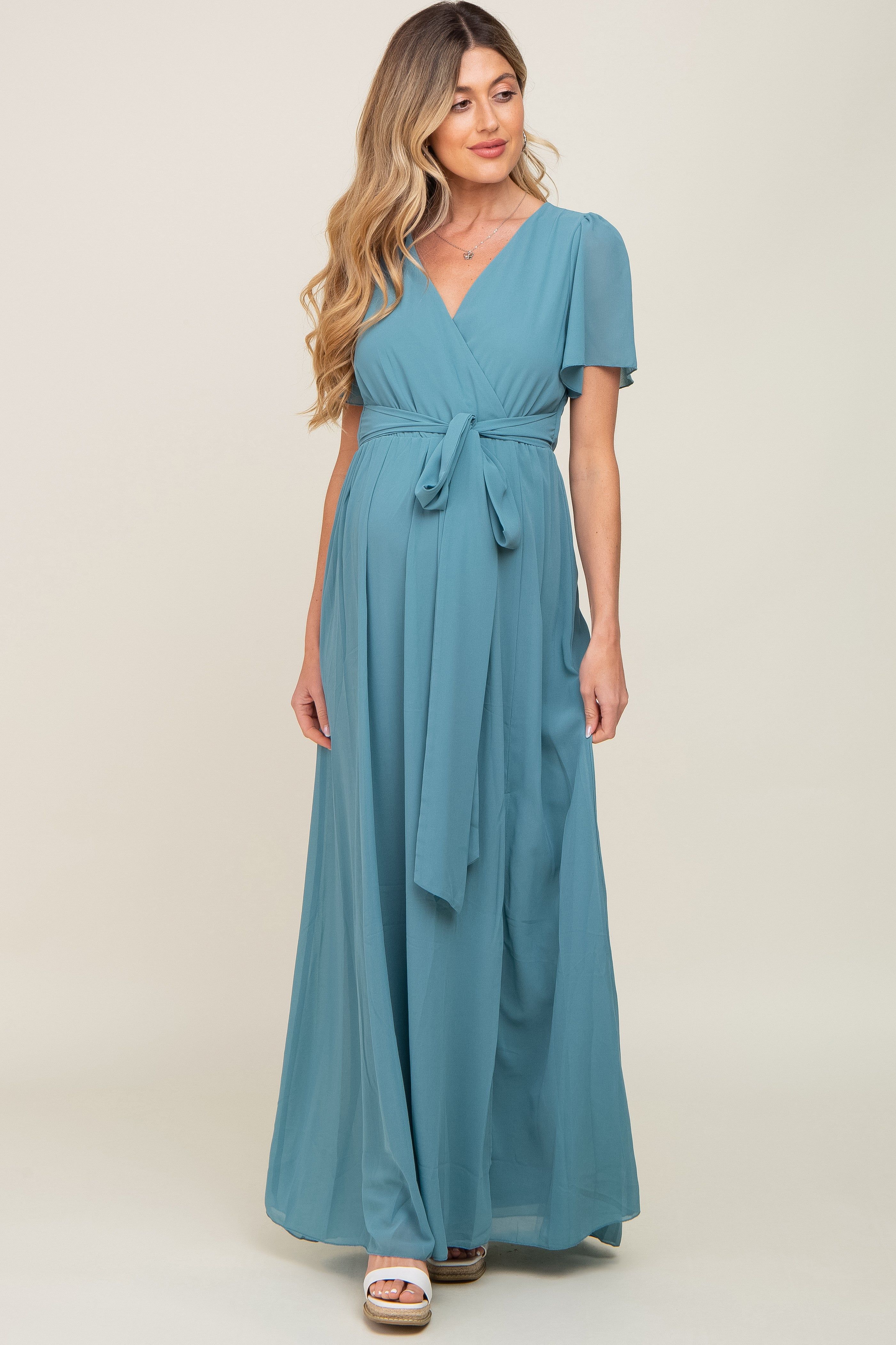 Turquoise Chiffon Short Sleeve Wrap V-Neck Front Slit Maternity Maxi Dress sold by Pinkblush