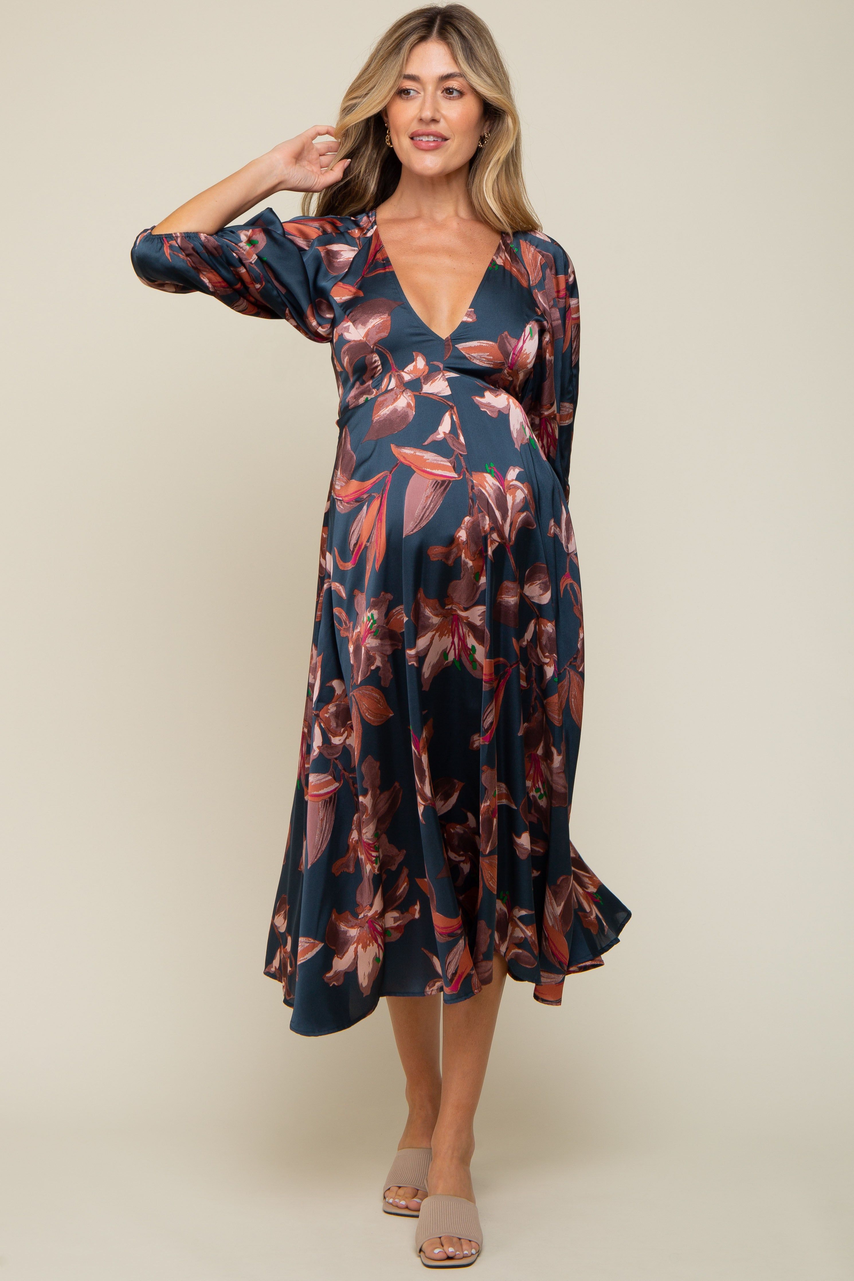 Navy Floral Satin Puff Sleeve Maternity Midi Dress sold by Pinkblush product image thumbnail 5