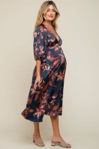 Navy Floral Satin Puff Sleeve Maternity Midi Dress sold by Pinkblush