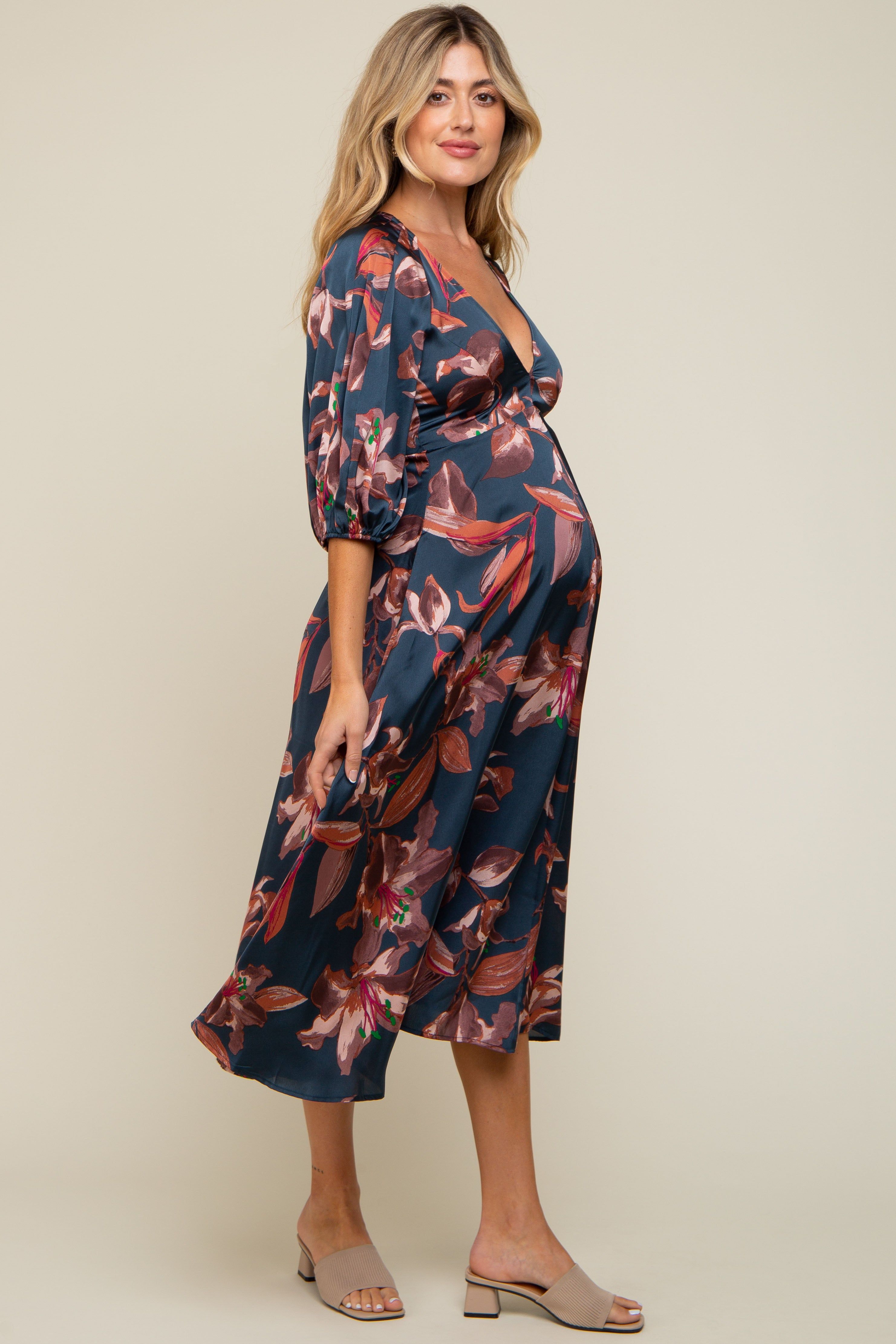 Navy Floral Satin Puff Sleeve Maternity Midi Dress sold by Pinkblush product image thumbnail 2