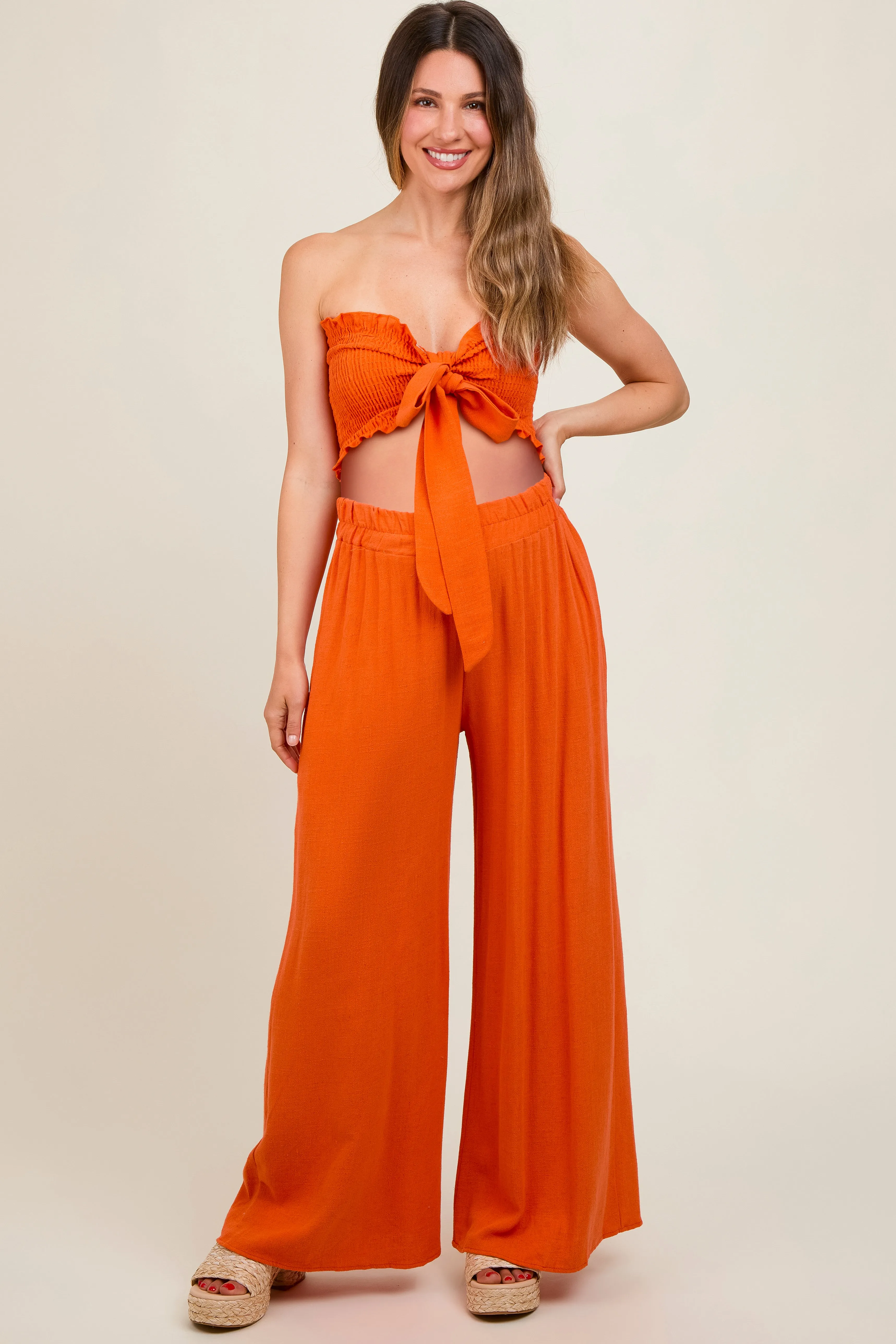 Orange Front Tie Crop Top and Pant Maternity Set sold by Pinkblush