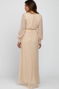 Cream Metallic Chiffon Maternity Maxi Dress sold by Pinkblush