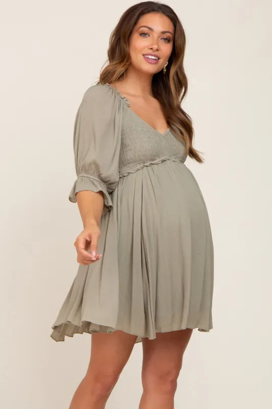Olive Smocked Puff Sleeve Maternity Dress sold by Pinkblush