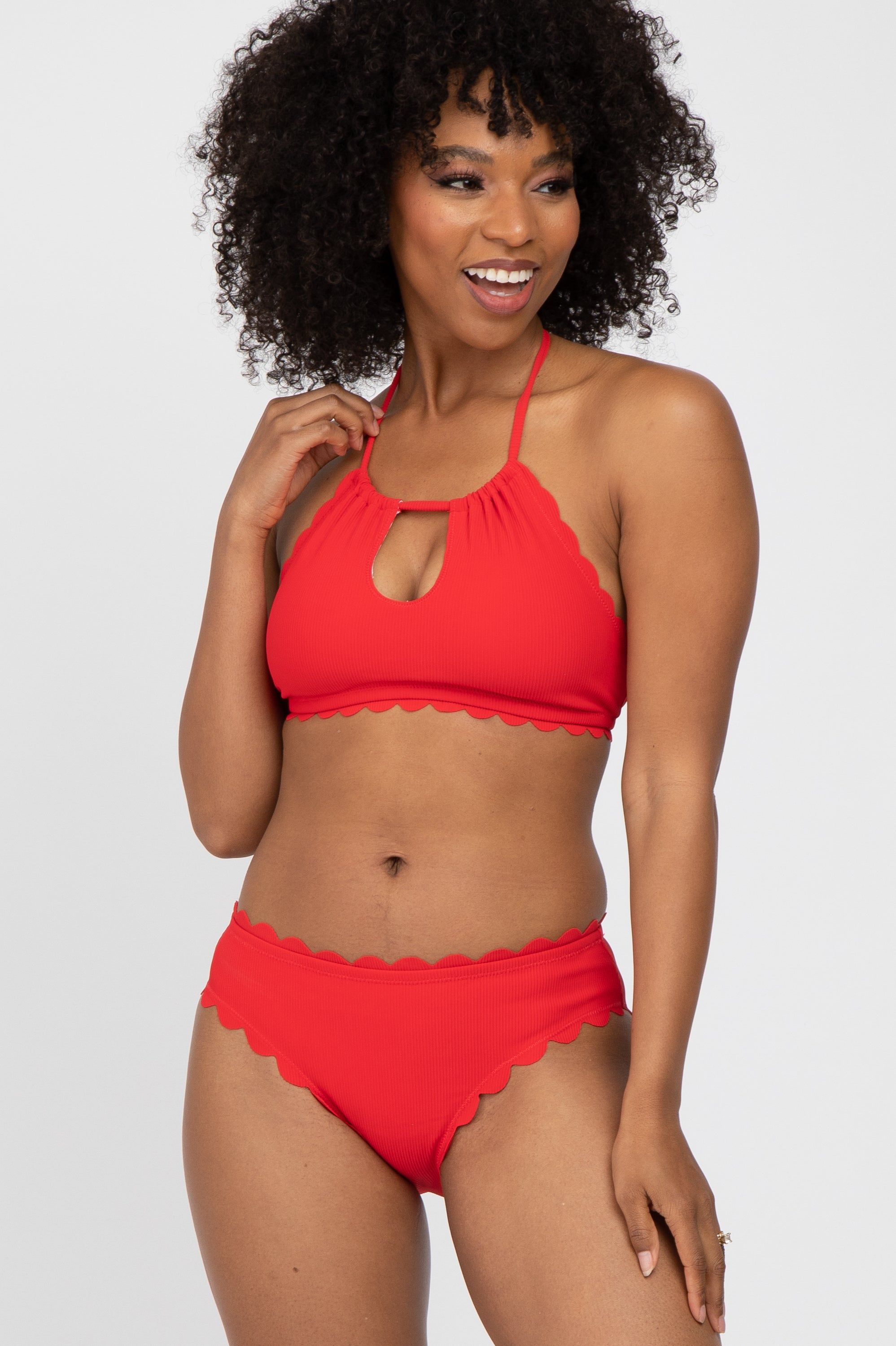 Red Ribbed Scalloped Two-Piece Bikini Set sold by Pinkblush