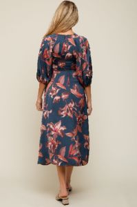 Navy Floral Satin Puff Sleeve Maternity Midi Dress sold by Pinkblush