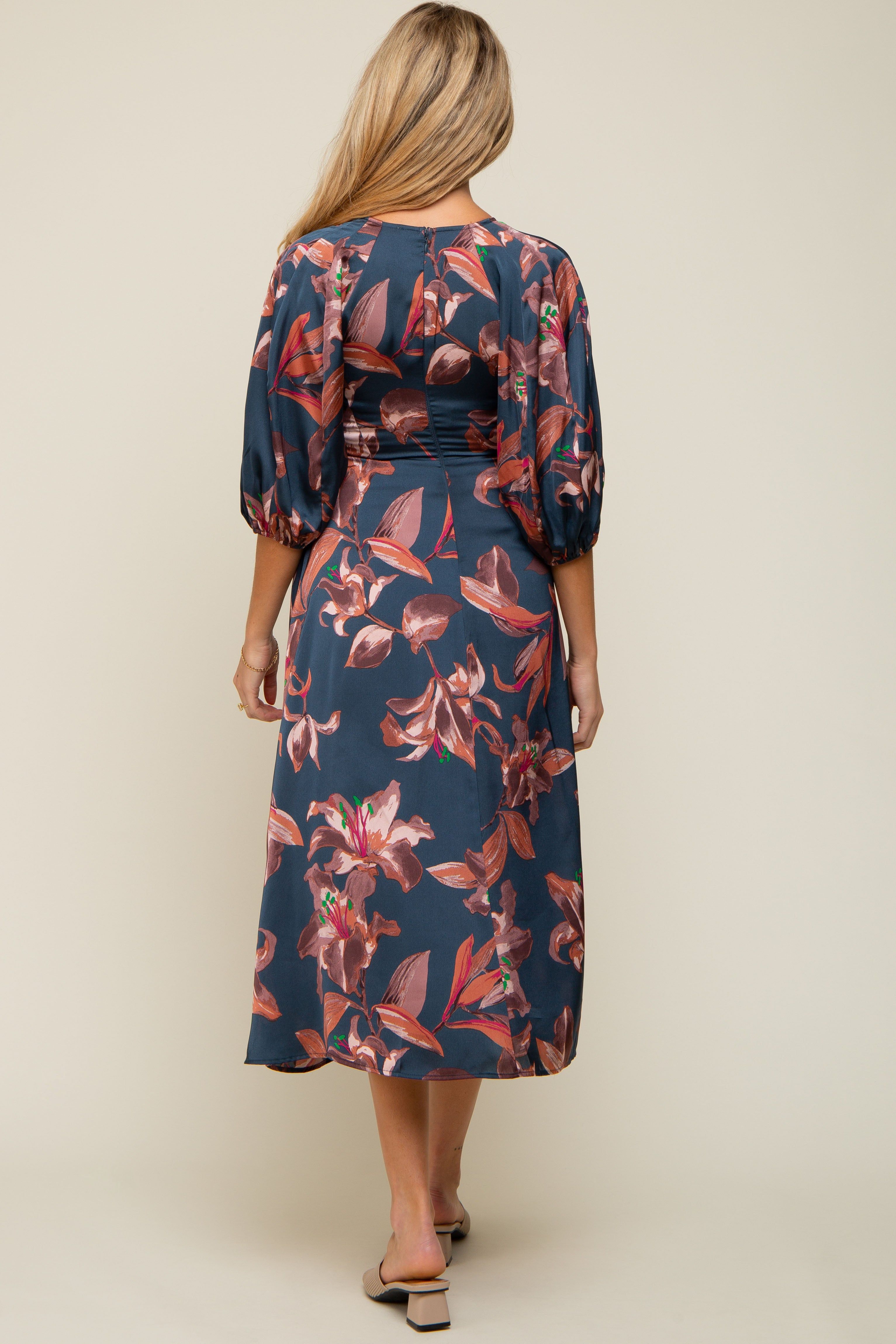 Navy Floral Satin Puff Sleeve Maternity Midi Dress sold by Pinkblush product image thumbnail 3