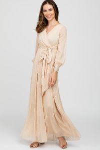 Cream Metallic Chiffon Maternity Maxi Dress sold by Pinkblush
