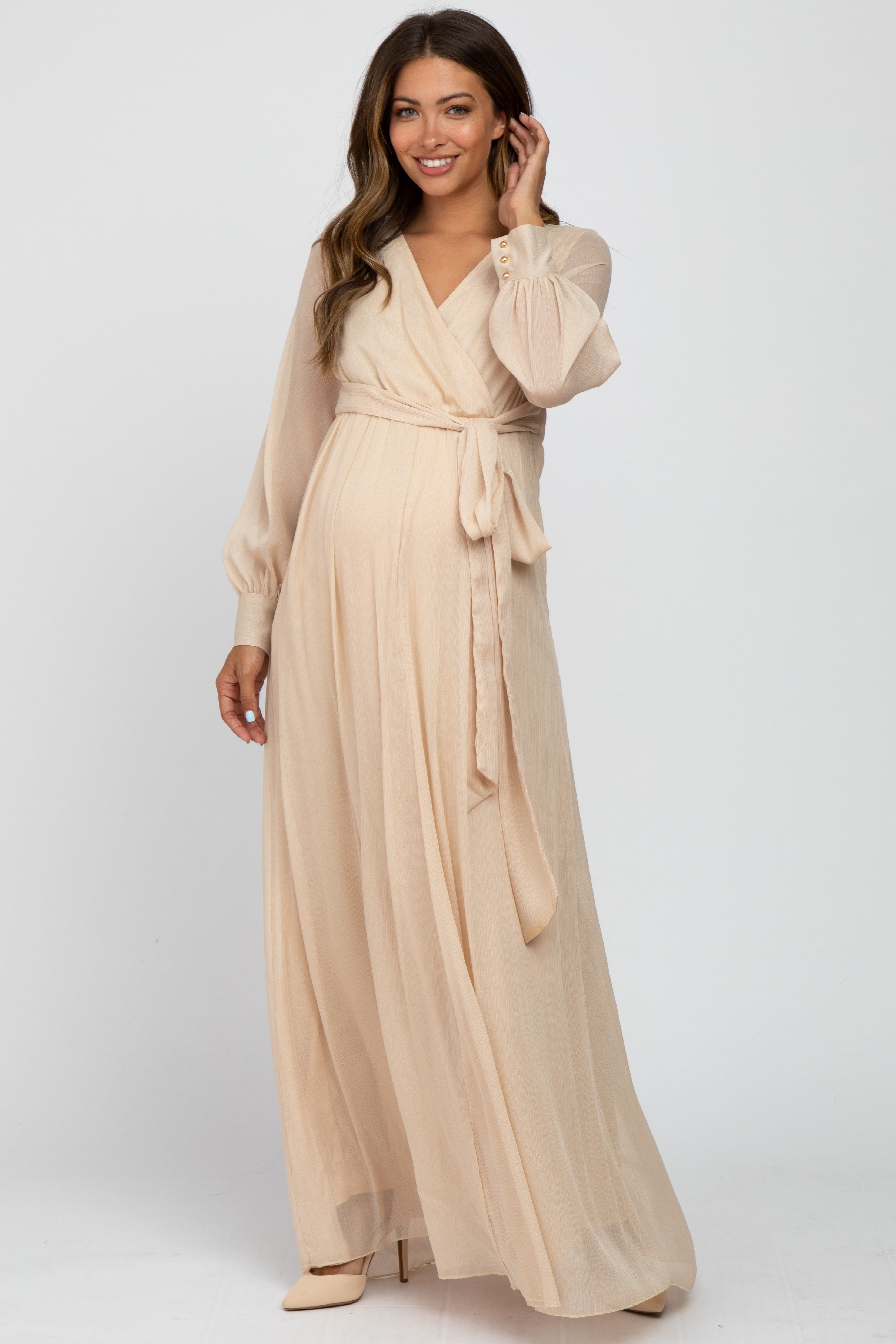 Cream Metallic Chiffon Maternity Maxi Dress sold by Pinkblush