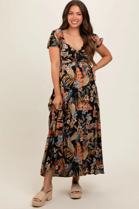 Black Floral Drawstring Front Side Cutout Maternity Maxi Dress sold by Pinkblush