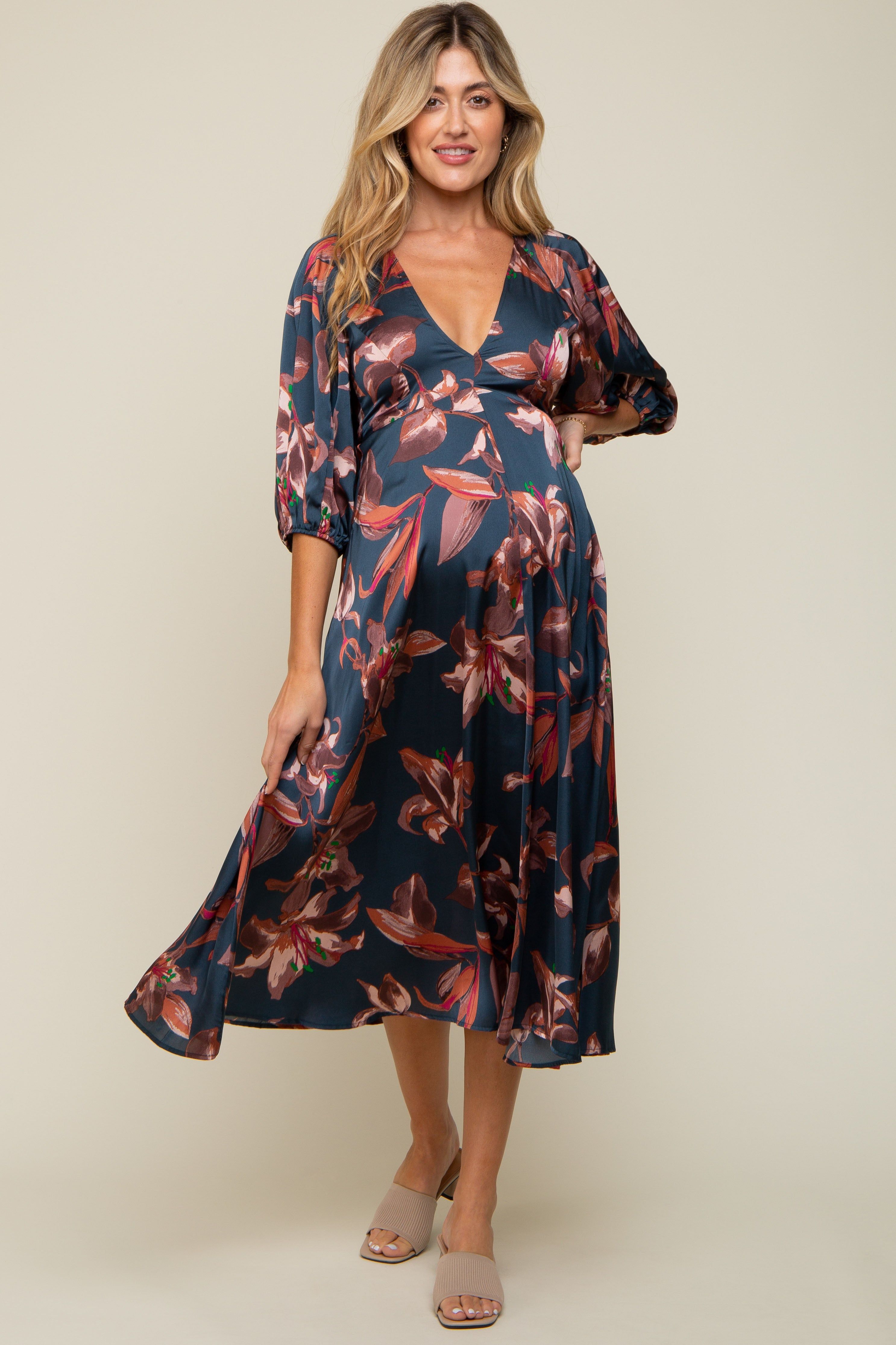 Navy Floral Satin Puff Sleeve Maternity Midi Dress sold by Pinkblush product image thumbnail 4