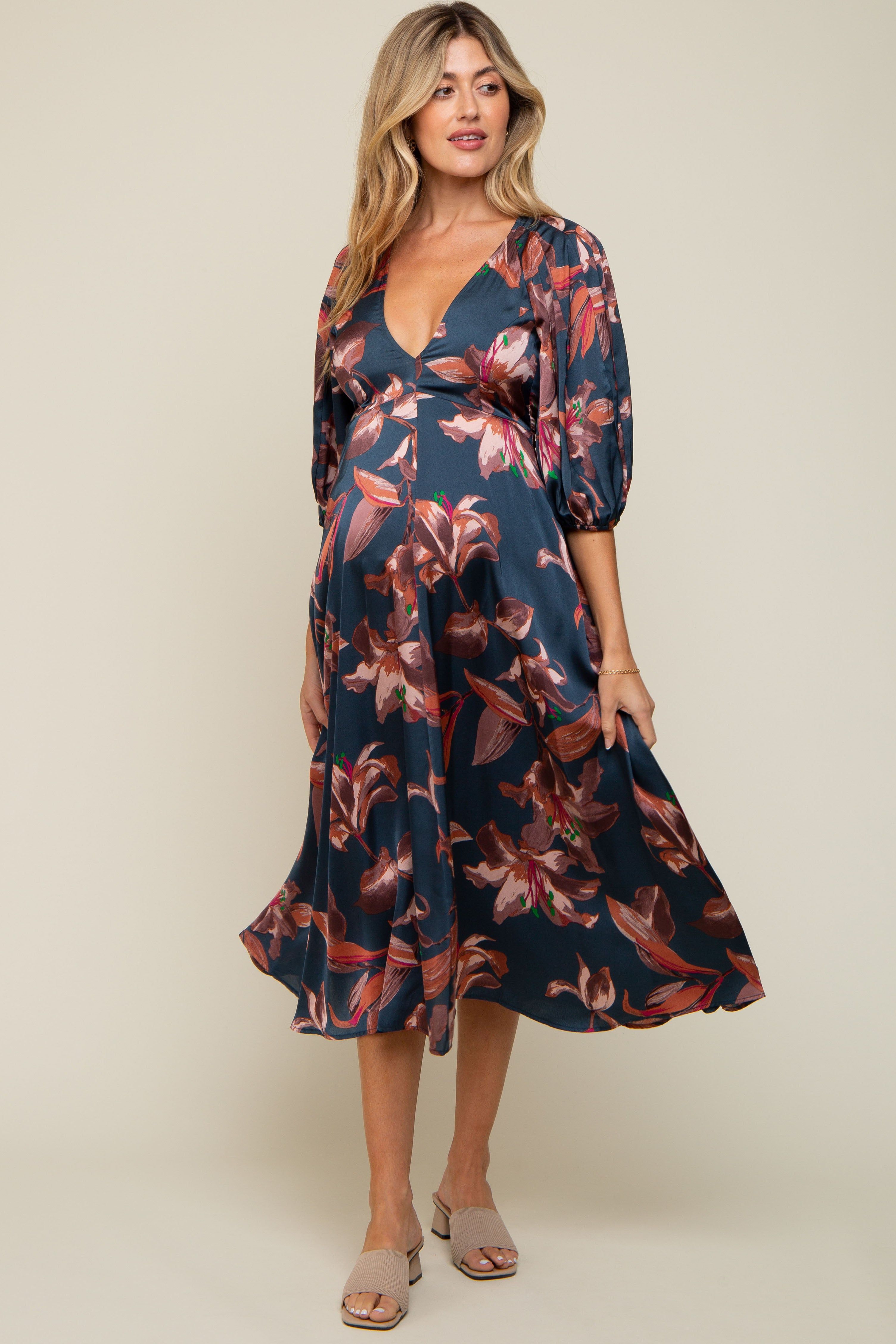 Navy Floral Satin Puff Sleeve Maternity Midi Dress sold by Pinkblush