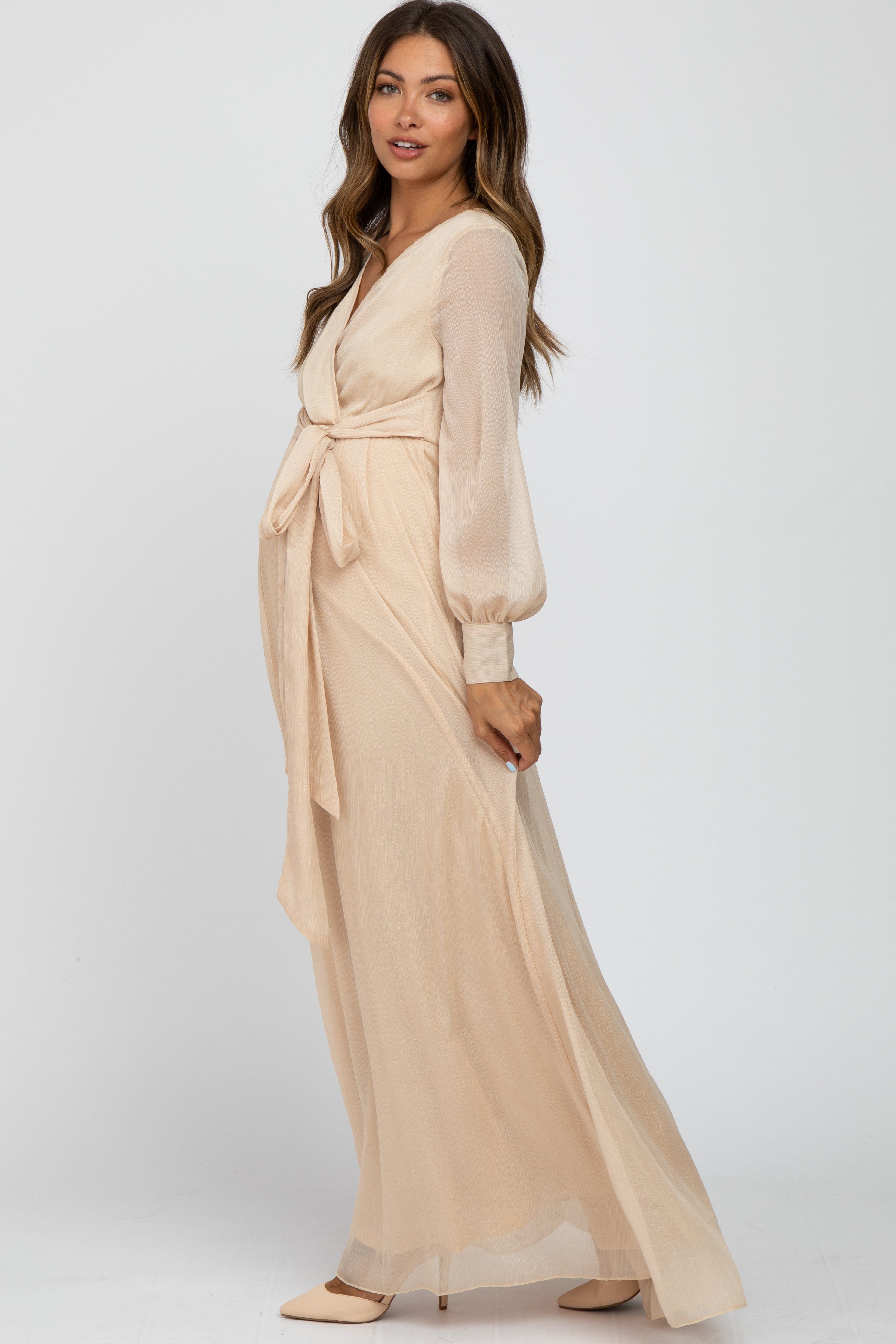 Cream Metallic Chiffon Maternity Maxi Dress sold by Pinkblush product image thumbnail 2