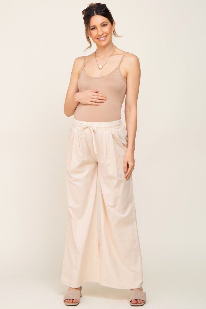 Cream Drawstring Wide Leg Maternity Pants sold by Pinkblush