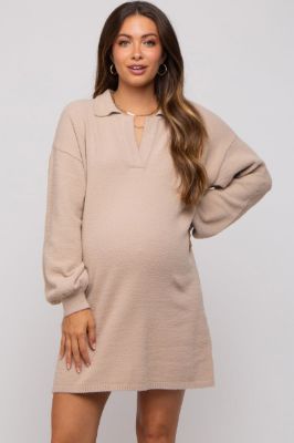 Taupe Maternity Mini Sweater Dress sold by Pinkblush
