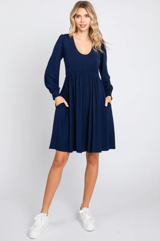 Navy Long Puff Sleeve Dress sold by Pinkblush