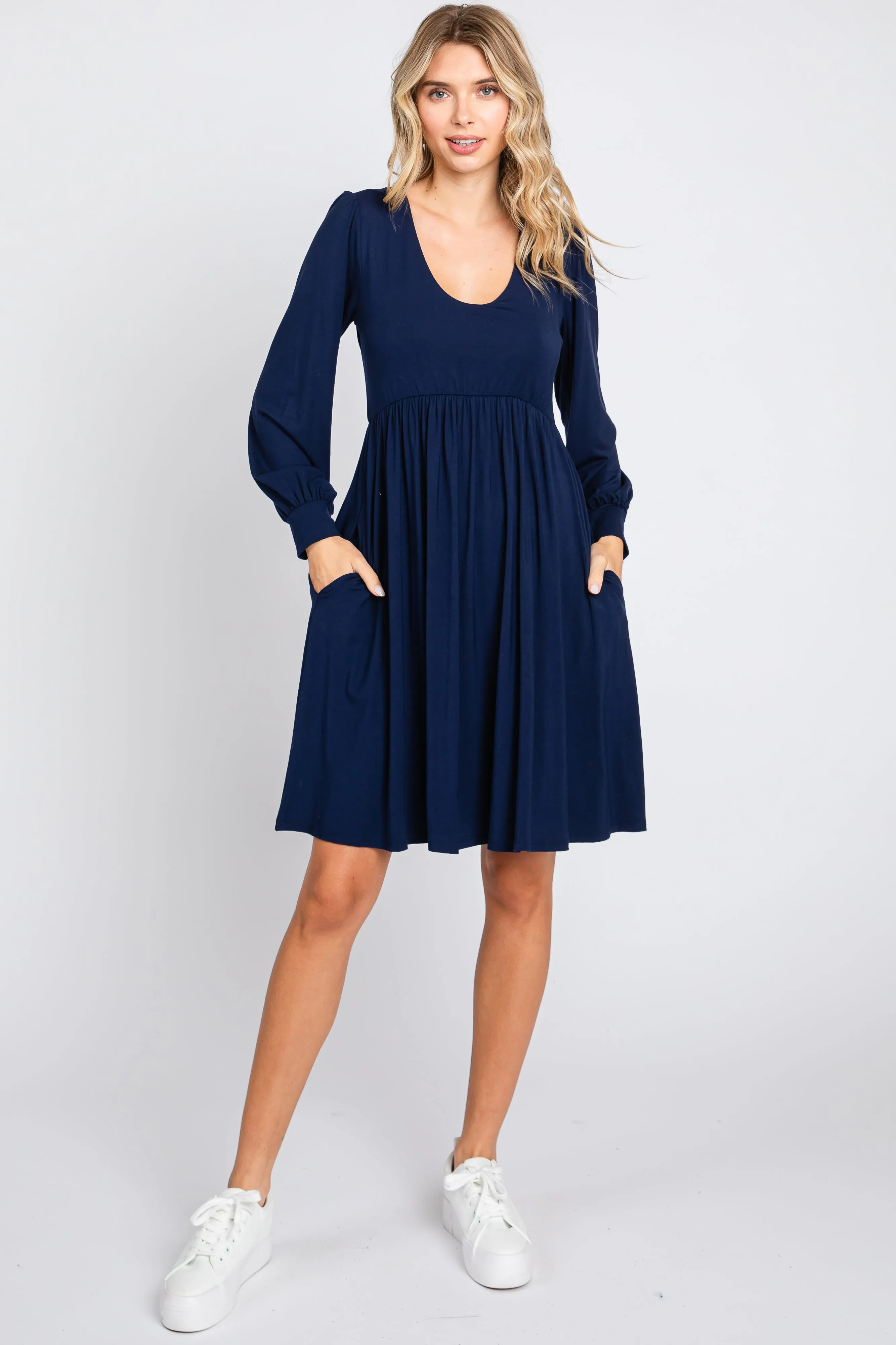 Navy Long Puff Sleeve Dress sold by Pinkblush