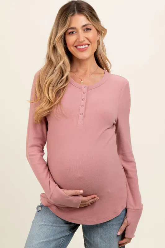 Mauve Button Front Soft Knit Long Sleeve Henley Maternity Top sold by Pinkblush