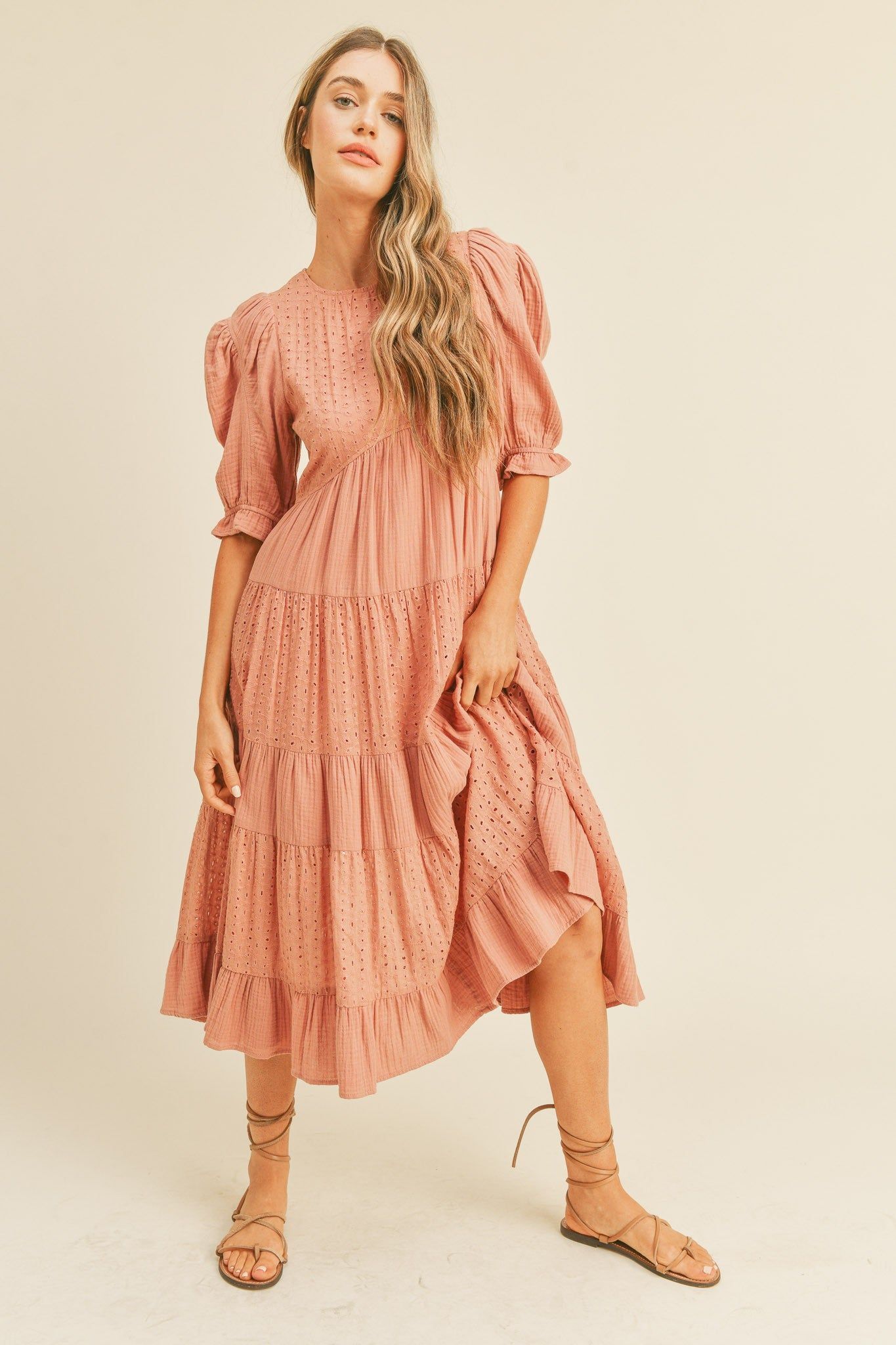 Salmon Eyelet Puff Sleeve Tiered Maternity Midi Dress sold by Pinkblush product image thumbnail 5