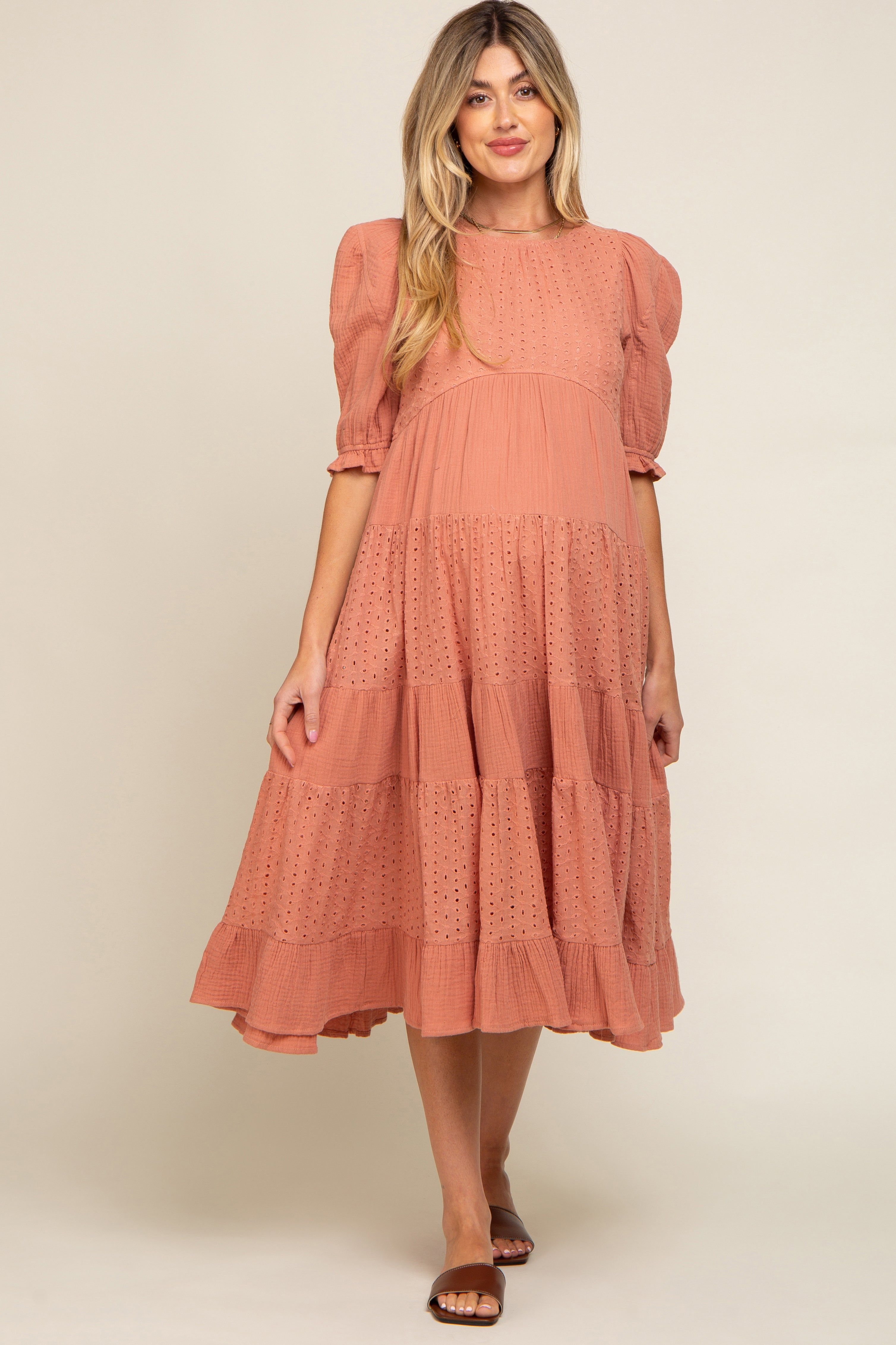 Salmon Eyelet Puff Sleeve Tiered Maternity Midi Dress sold by Pinkblush product image thumbnail 2