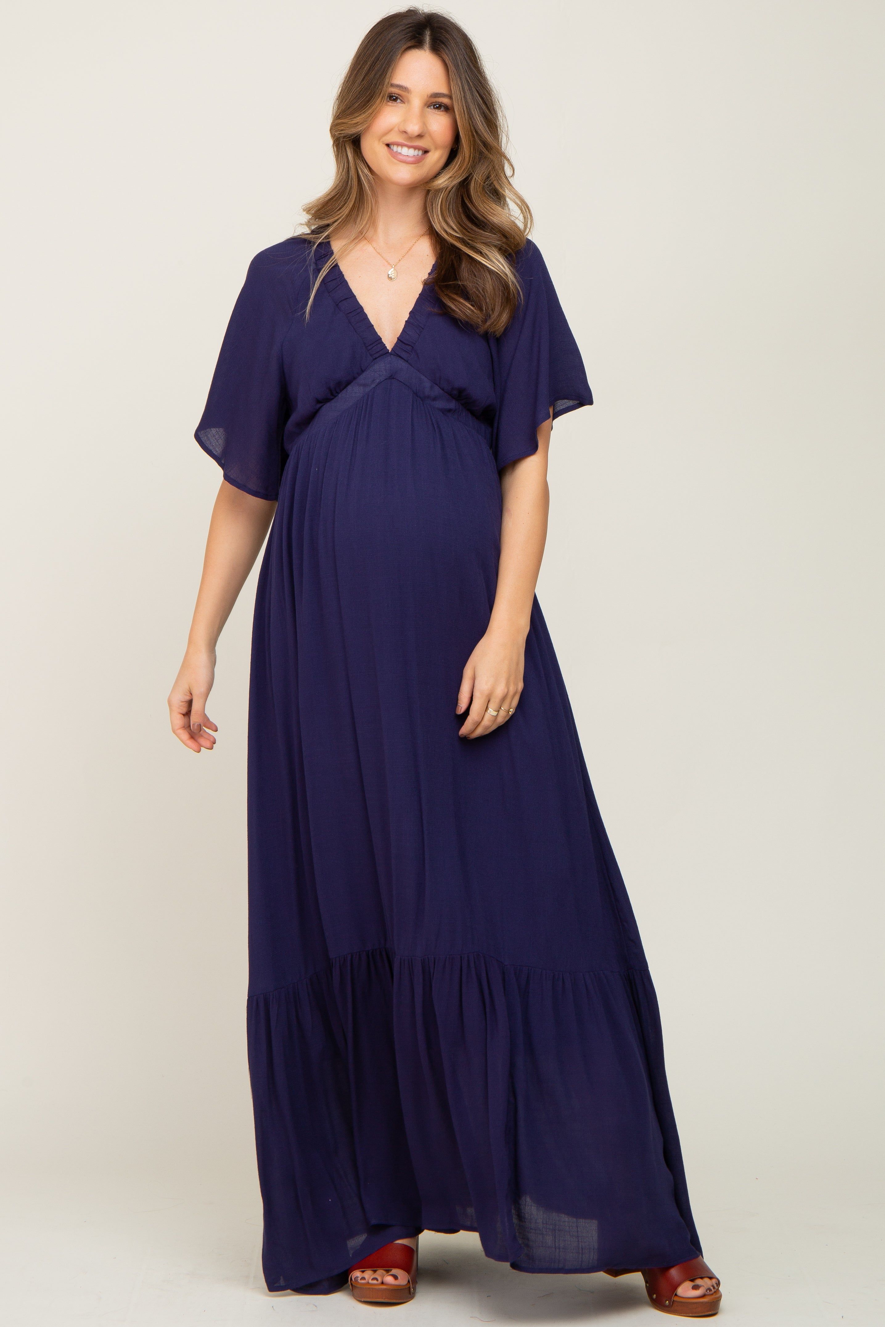 Navy V-Neck Flounce Sleeve Maternity Maxi Dress sold by Pinkblush