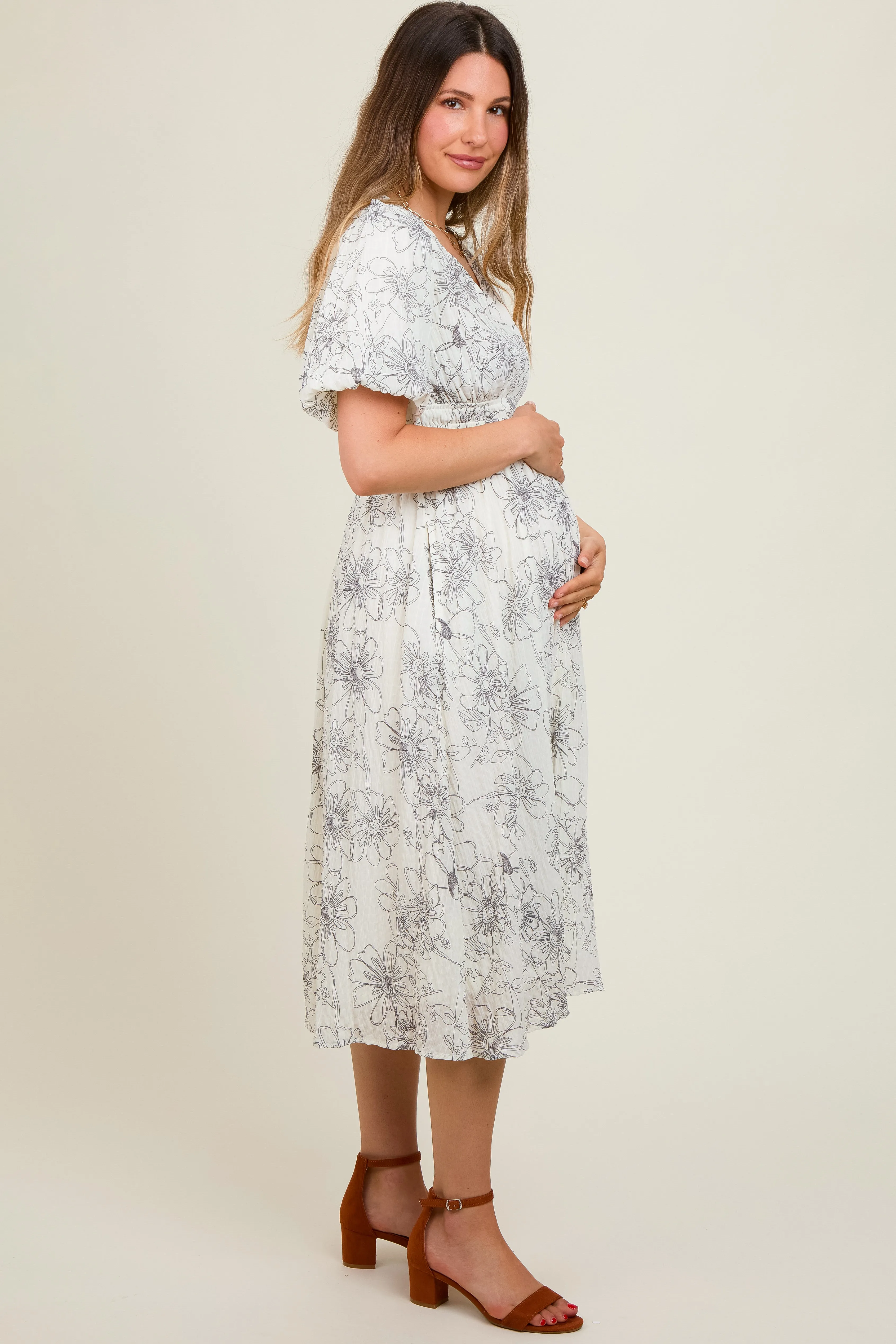 Black Floral Smocked Waist Maternity Midi Dress sold by Pinkblush product image thumbnail 2