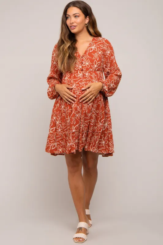 Rust Floral Button Front Tiered Maternity Dress sold by Pinkblush