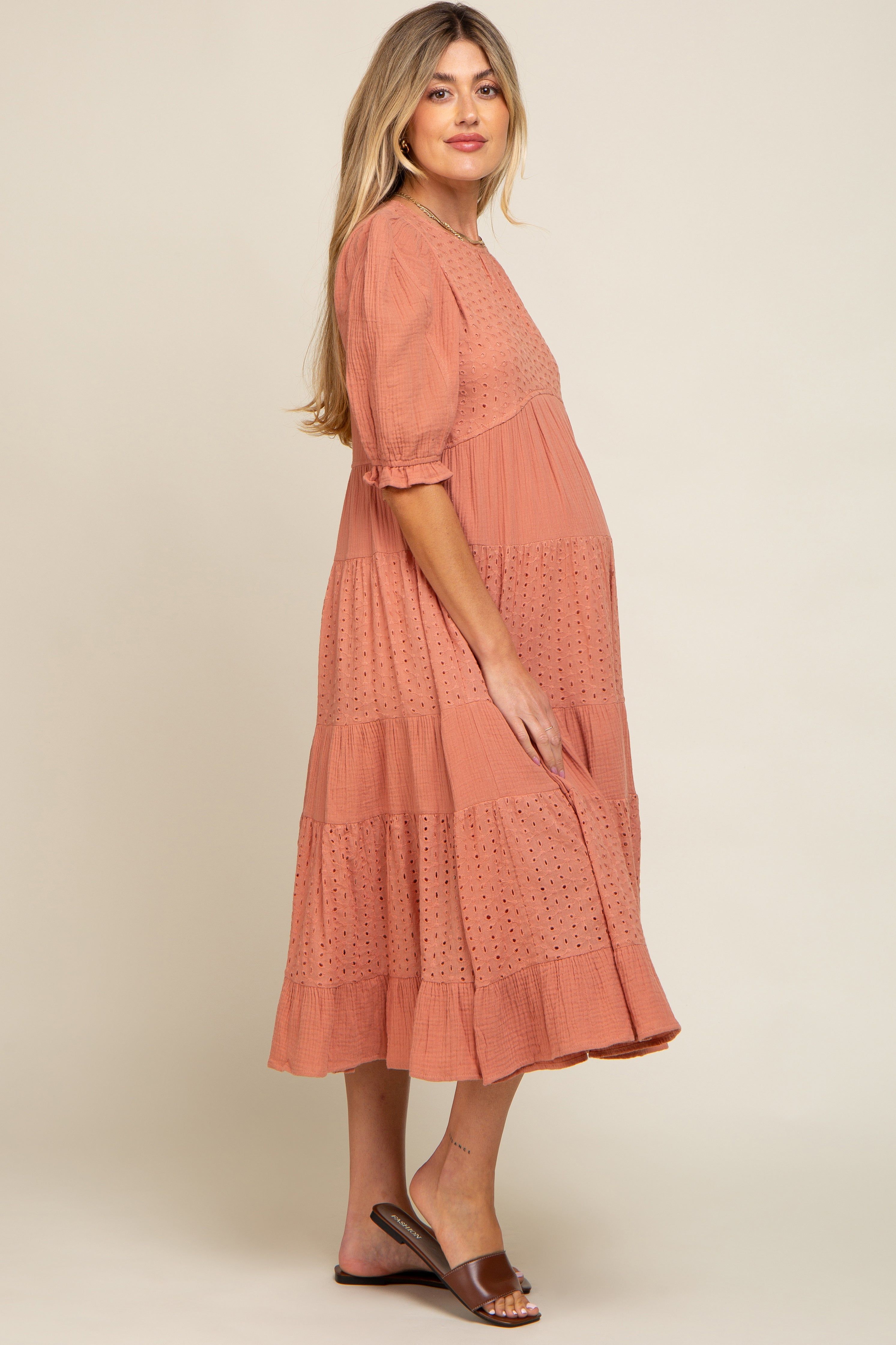 Salmon Eyelet Puff Sleeve Tiered Maternity Midi Dress sold by Pinkblush product image thumbnail 3