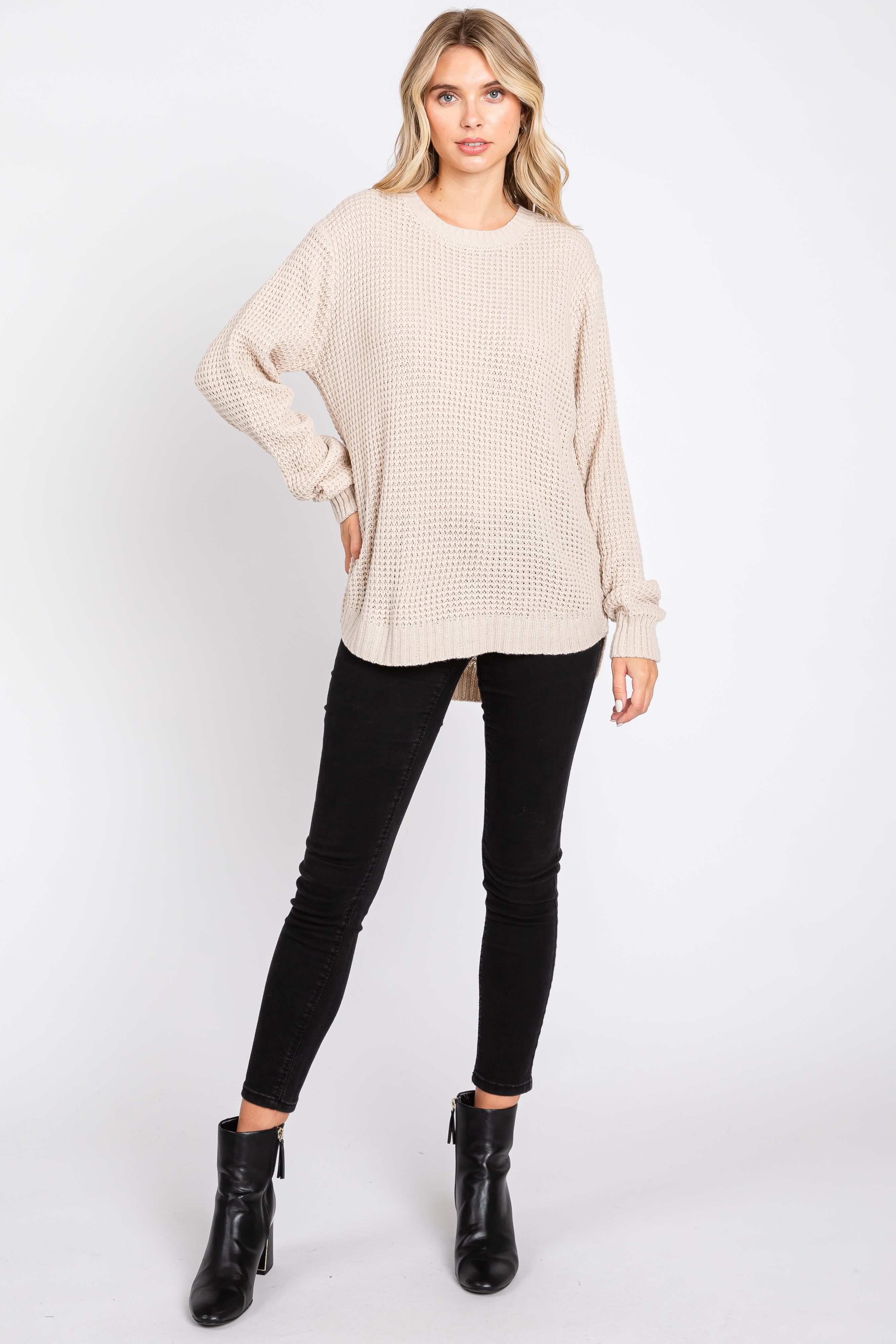 Beige Waffle Knit Round Hem Sweater sold by Pinkblush product image thumbnail 4