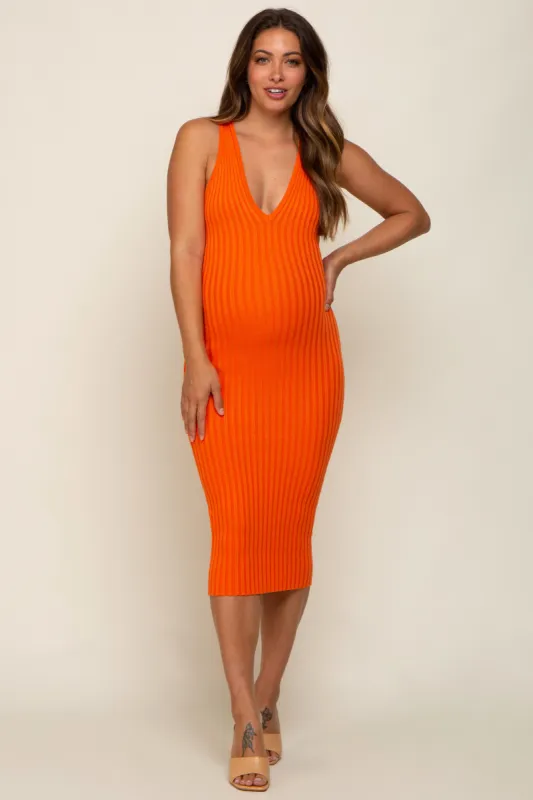 Orange Ribbed Knit Fitted V-Neck Maternity Midi Dress sold by Pinkblush