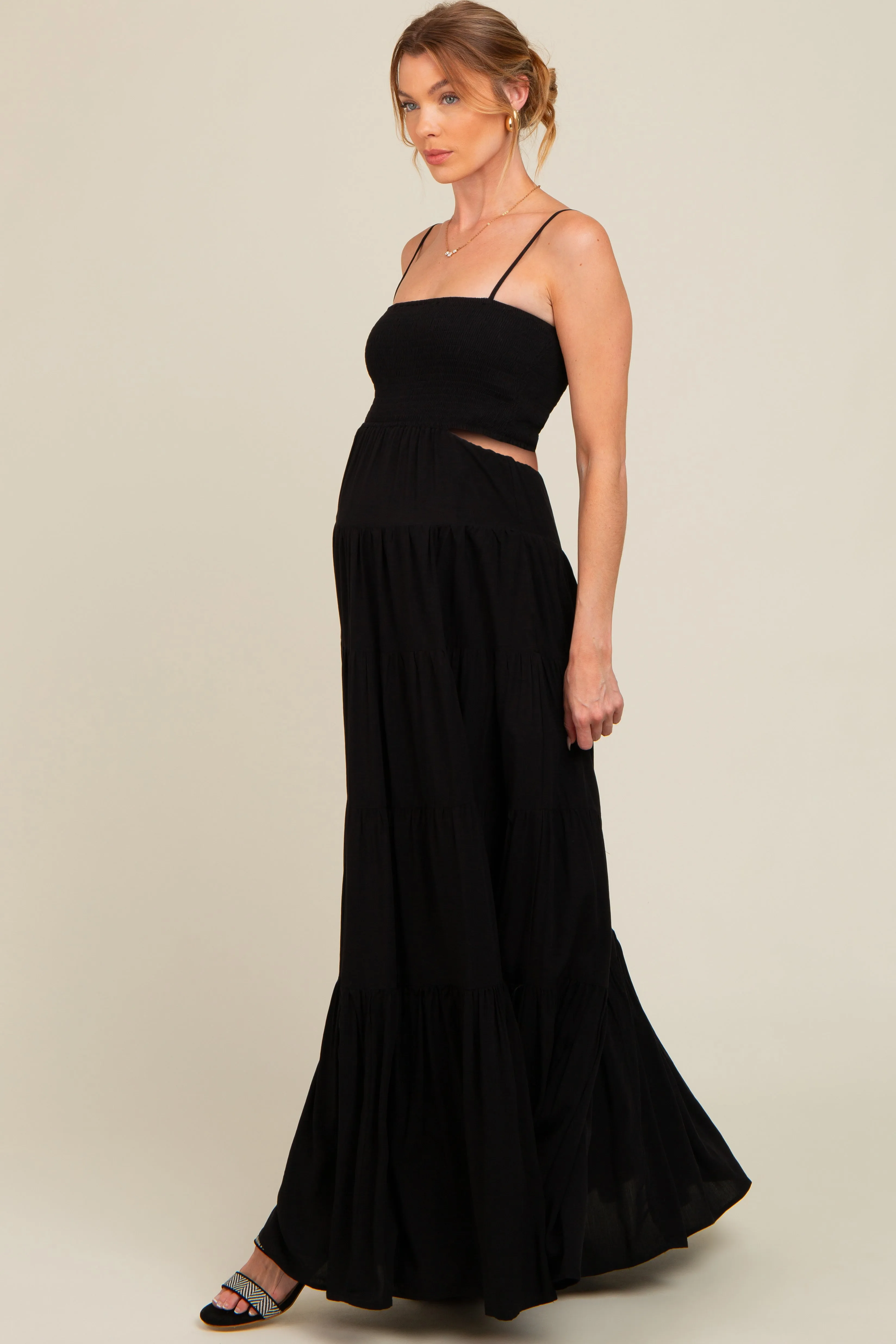 Black Smocked Cutout Maternity Maxi Dress sold by Pinkblush