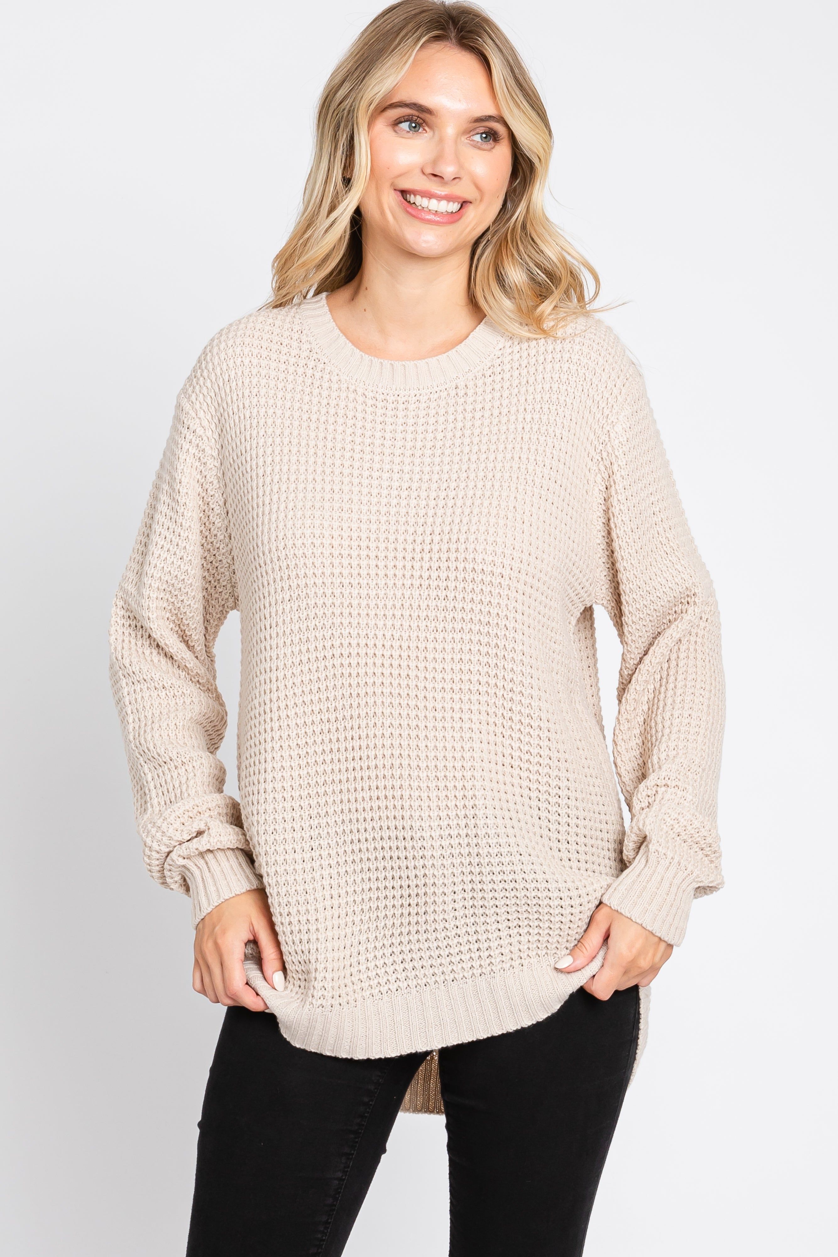 Beige Waffle Knit Round Hem Sweater sold by Pinkblush