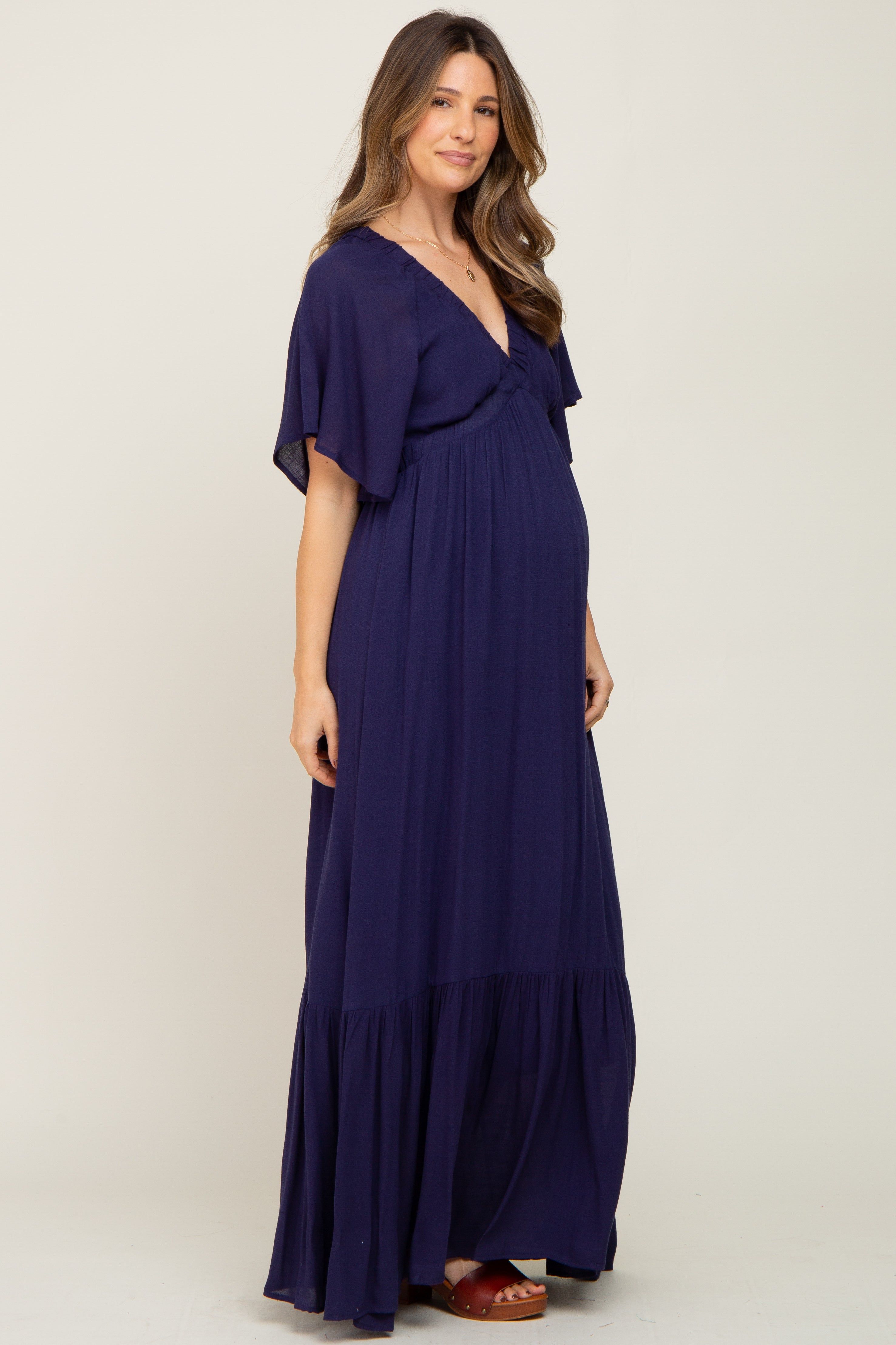 Navy V-Neck Flounce Sleeve Maternity Maxi Dress sold by Pinkblush product image thumbnail 2