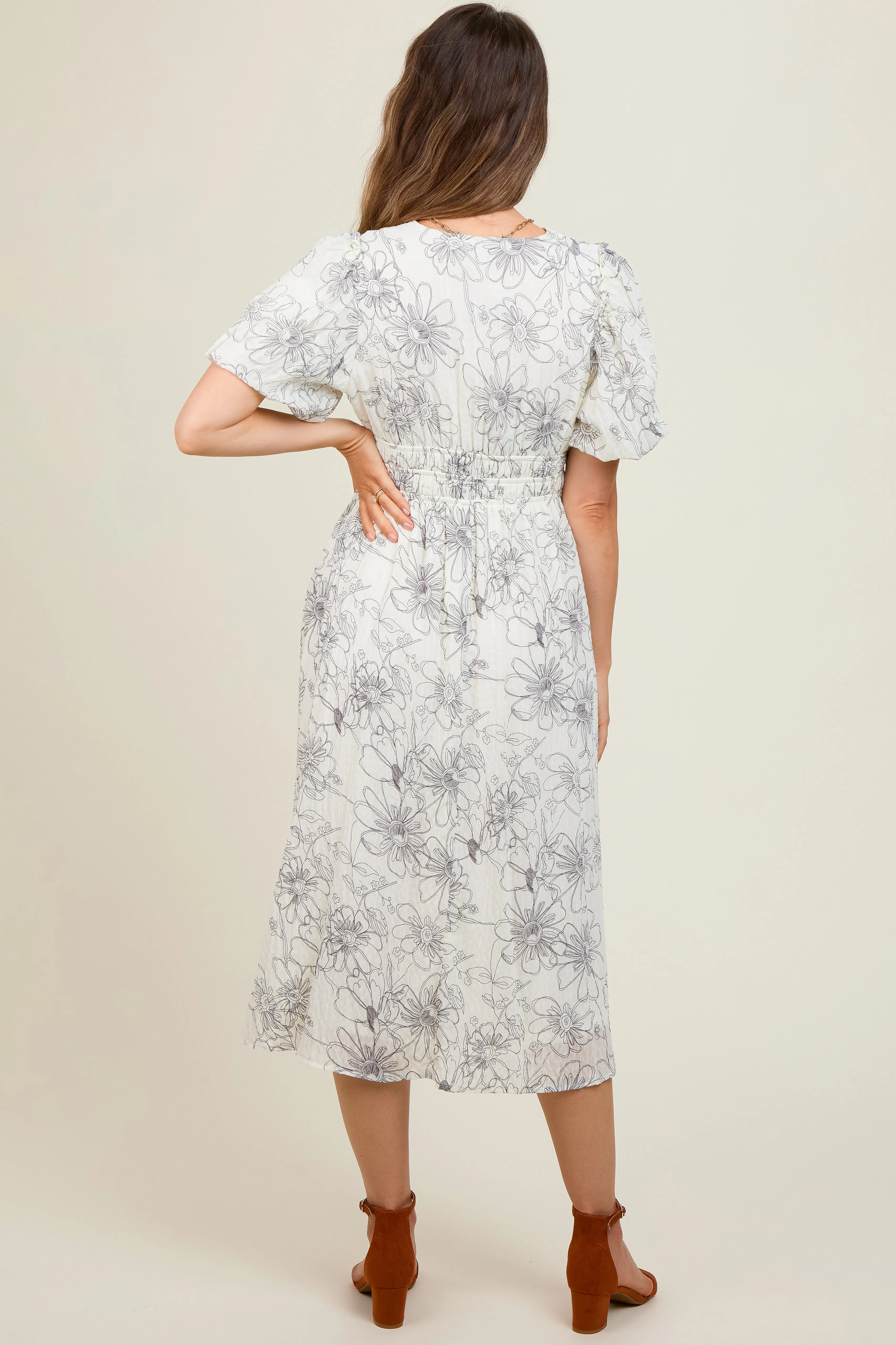 Black Floral Smocked Waist Maternity Midi Dress sold by Pinkblush product image thumbnail 3