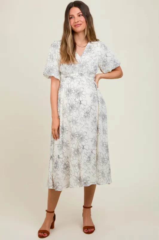 Black Floral Smocked Waist Maternity Midi Dress sold by Pinkblush