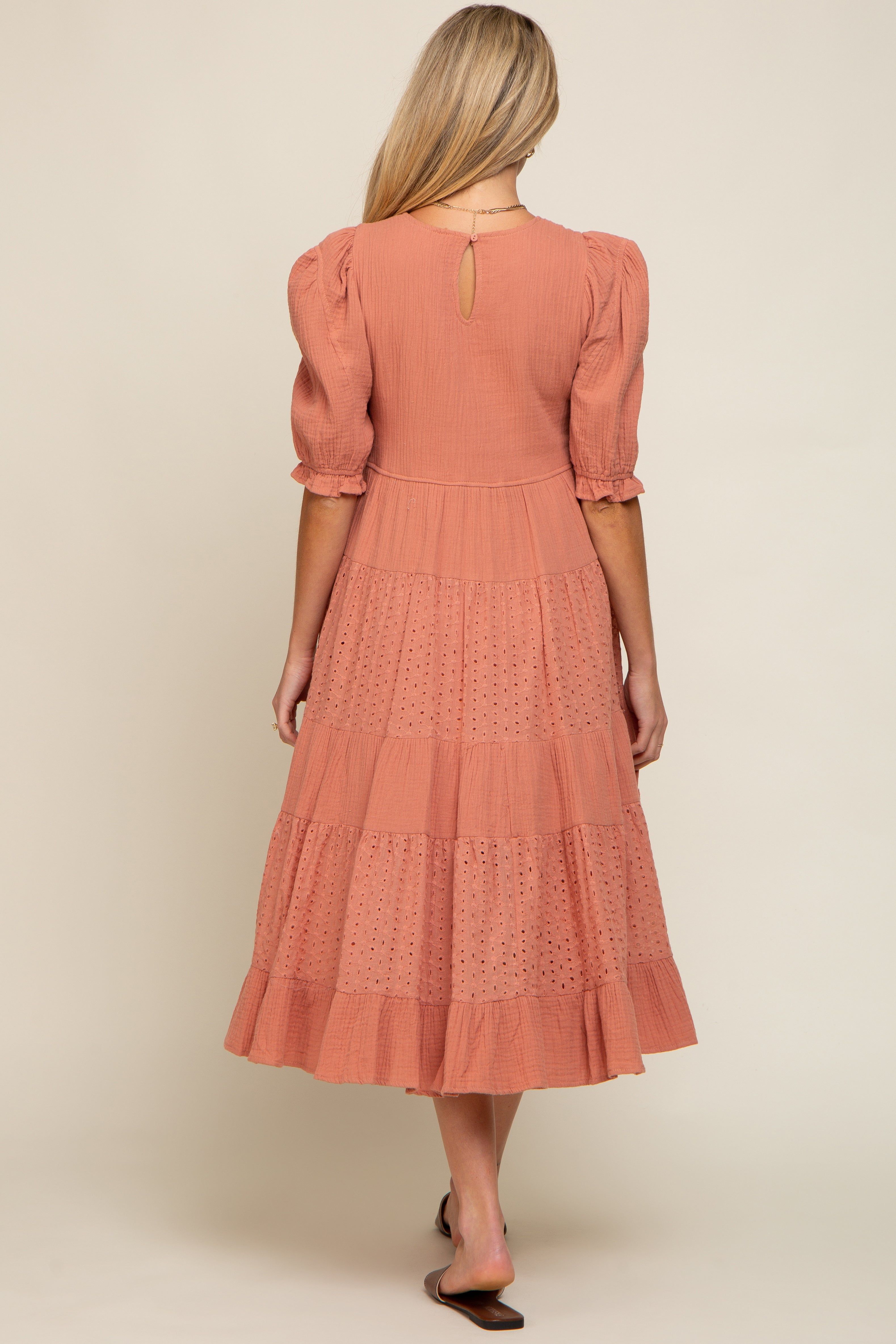 Salmon Eyelet Puff Sleeve Tiered Maternity Midi Dress sold by Pinkblush product image thumbnail 4