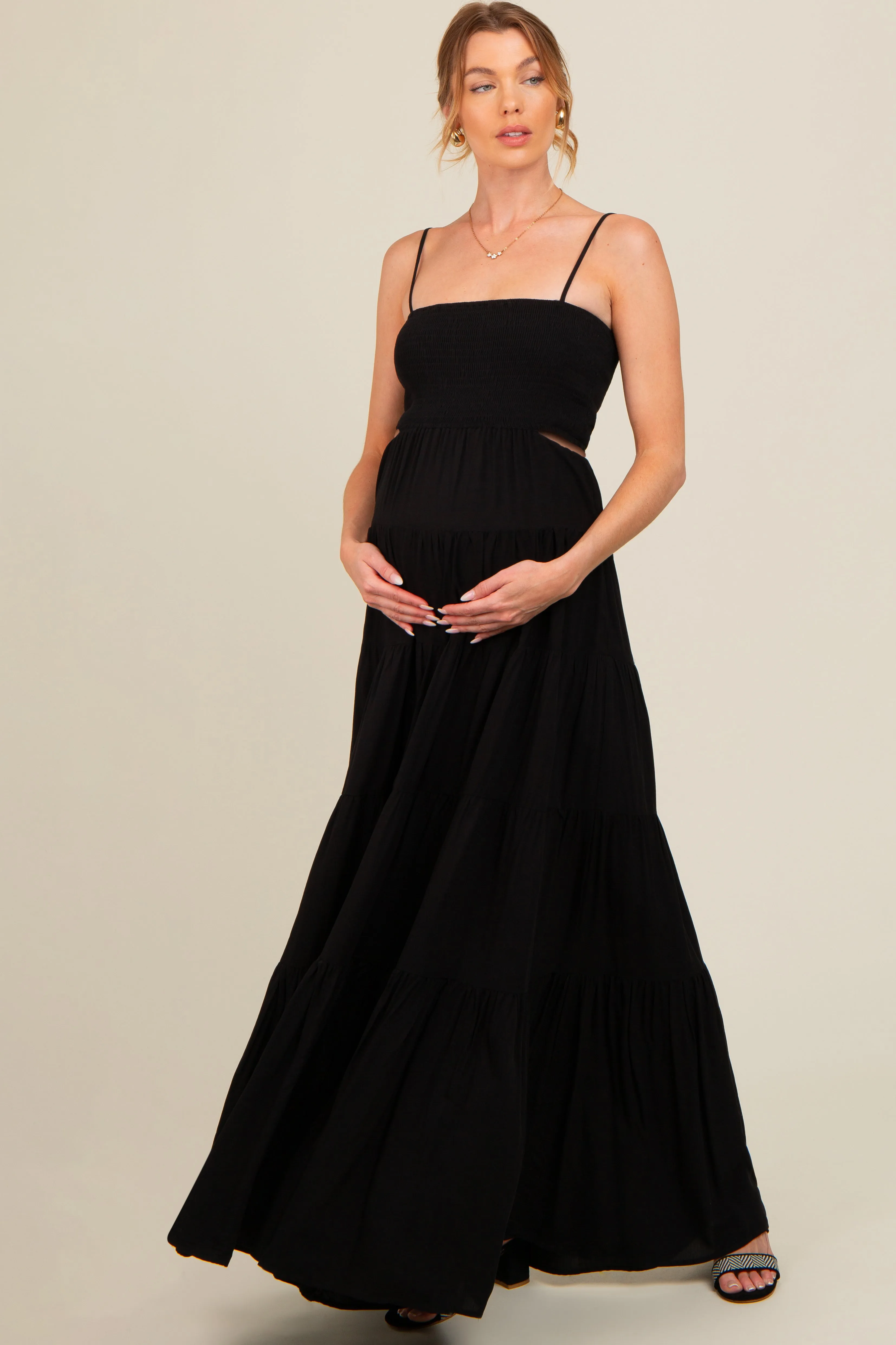 Black Smocked Cutout Maternity Maxi Dress sold by Pinkblush product image thumbnail 2
