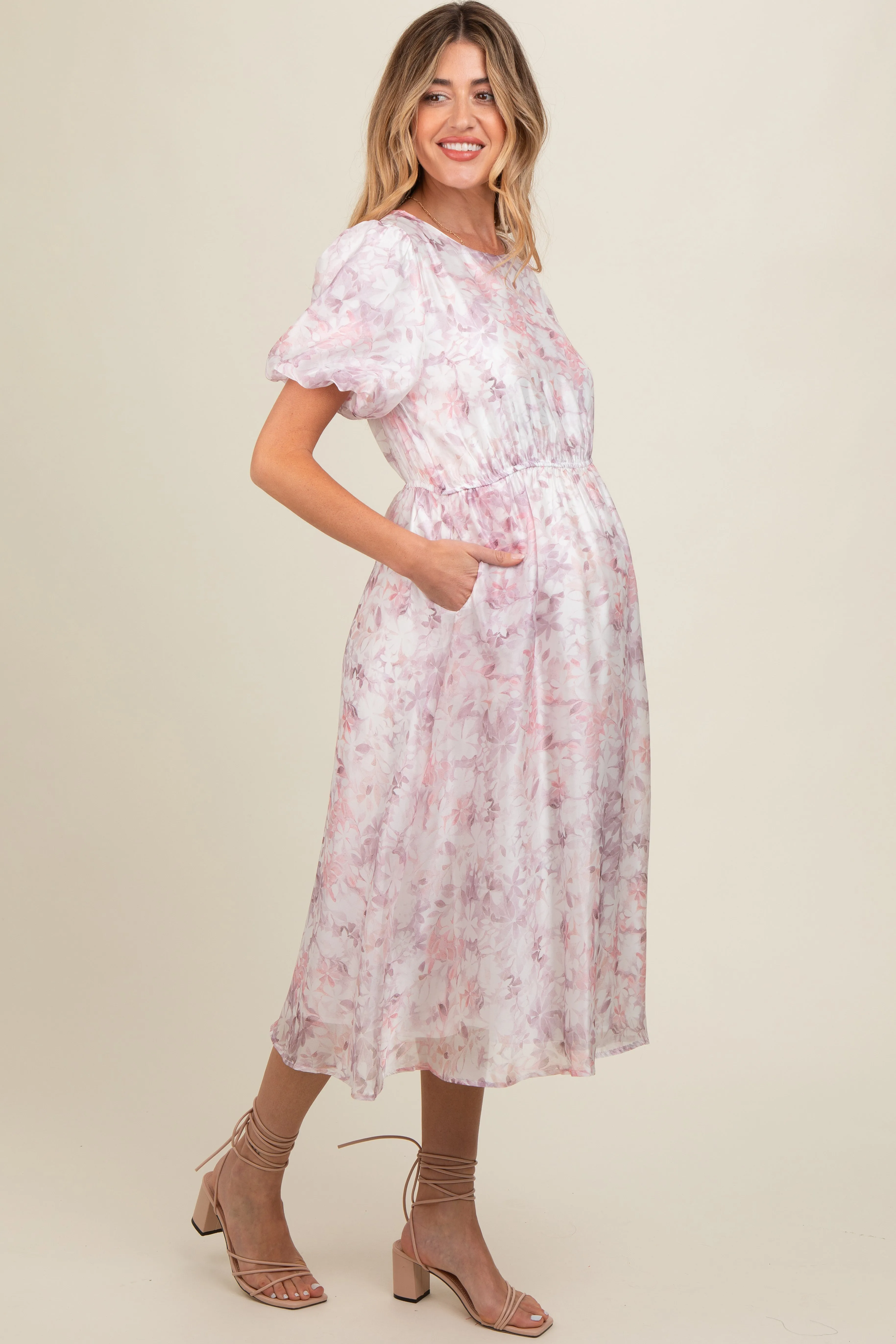 Pink Lavender Floral Puff Sleeve Maternity Dress sold by Pinkblush product image thumbnail 4