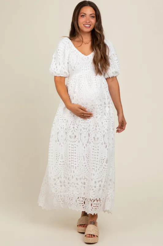 Ivory Eyelet Lace Maternity Midi Dress sold by Pinkblush