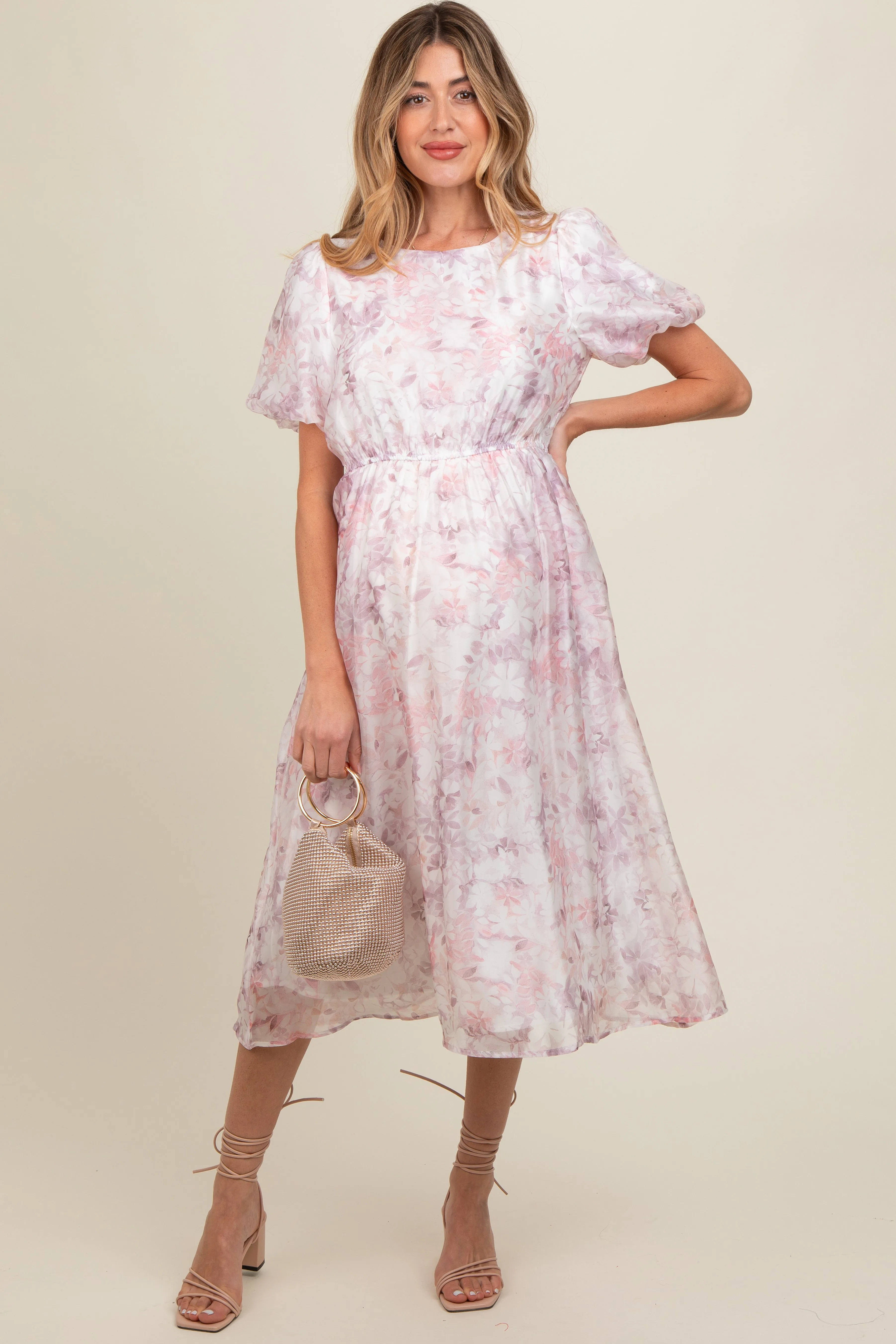 Pink Lavender Floral Puff Sleeve Maternity Dress sold by Pinkblush product image thumbnail 2