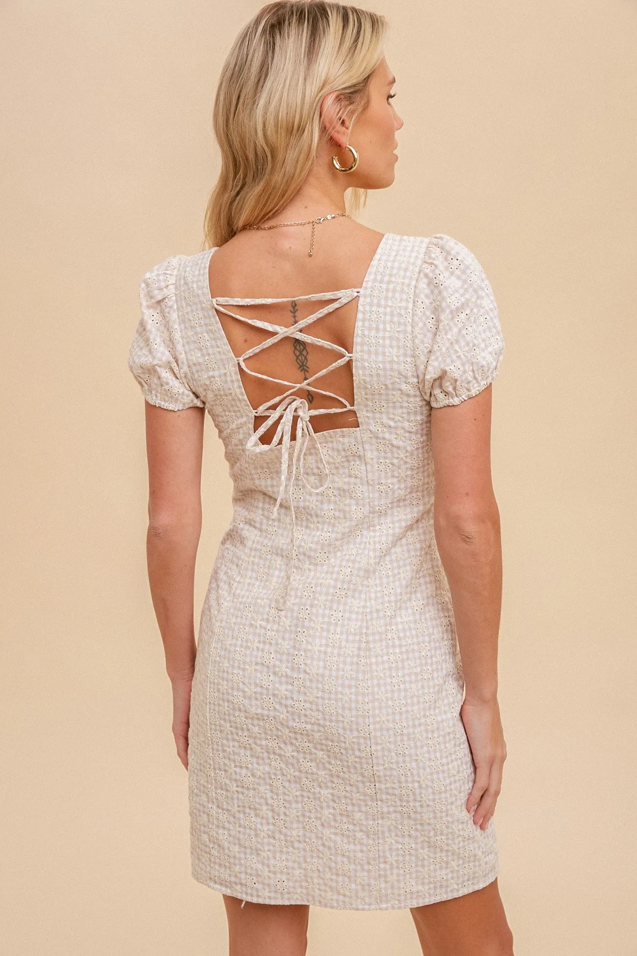 Tan Lace Up Back Puff Sleeve Square Neck Mini Dress sold by Pinkblush product image thumbnail 4