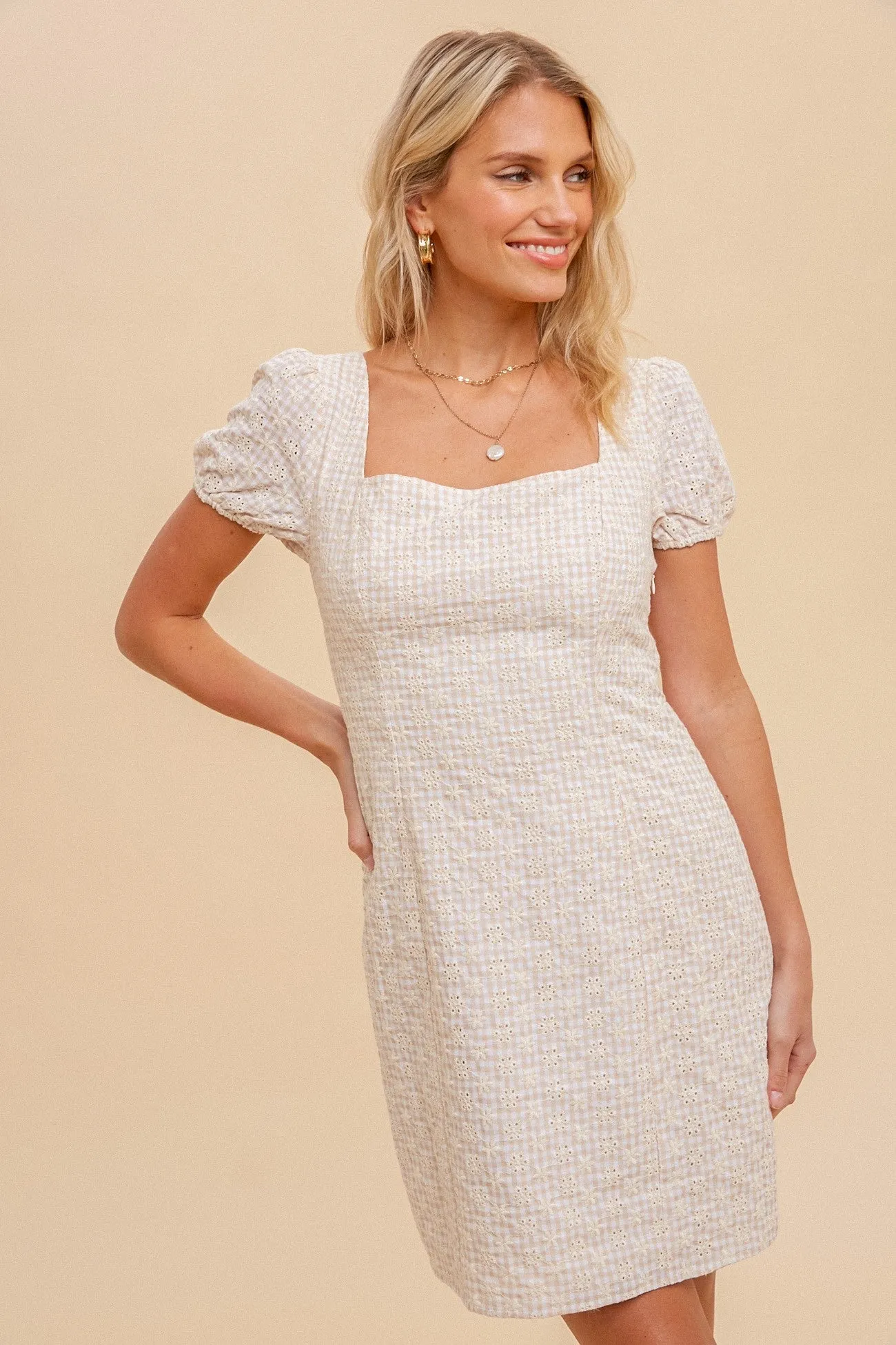 Tan Lace Up Back Puff Sleeve Square Neck Mini Dress sold by Pinkblush