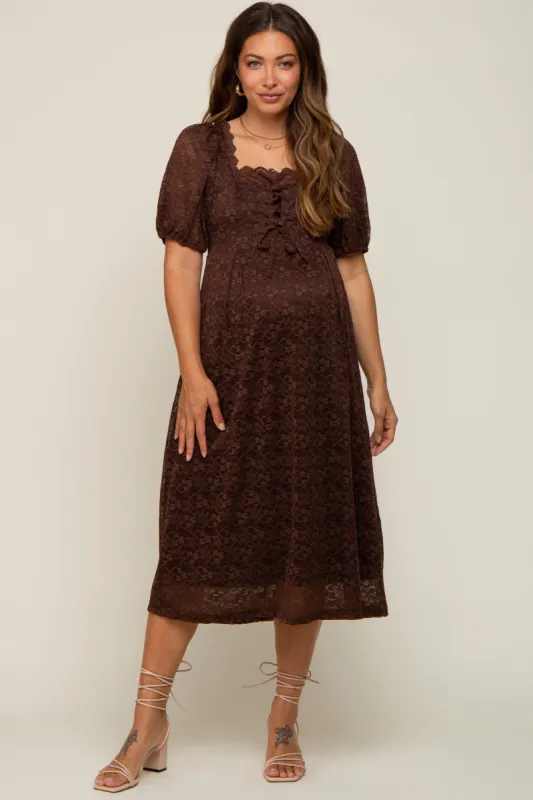 Brown Lace Cutout Maternity Midi Dress sold by Pinkblush