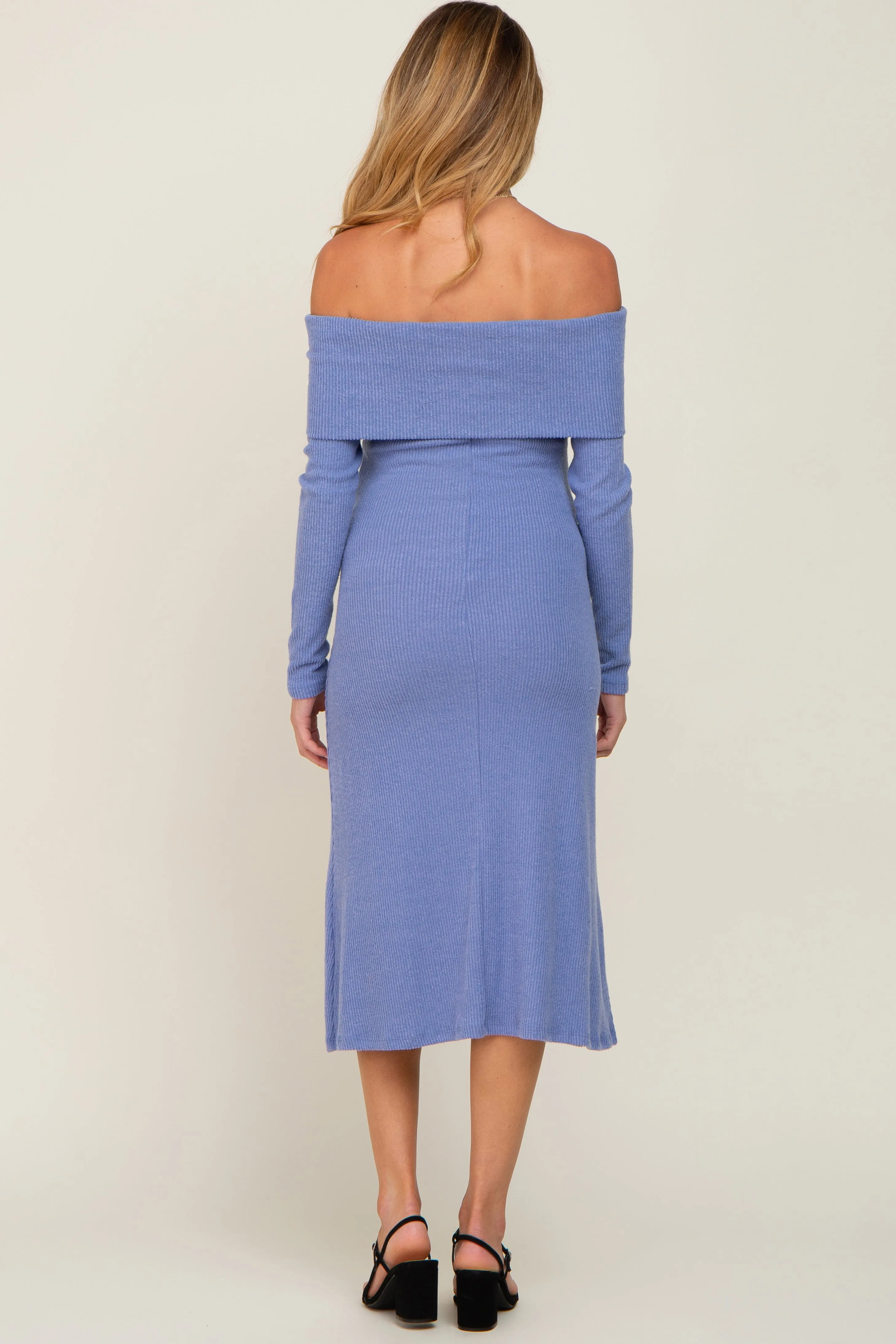 Blue Ribbed Knit Foldover Off Shoulder Maternity Midi Dress sold by Pinkblush product image thumbnail 3