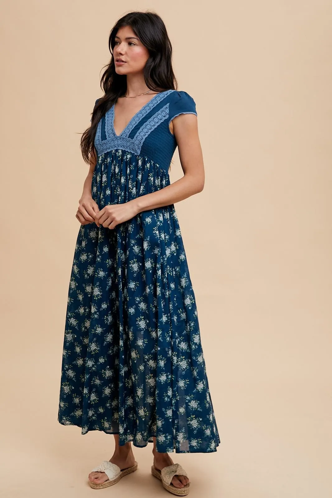 Navy Blue Floral Lace V-Neck Maxi Dress sold by Pinkblush product image thumbnail 2