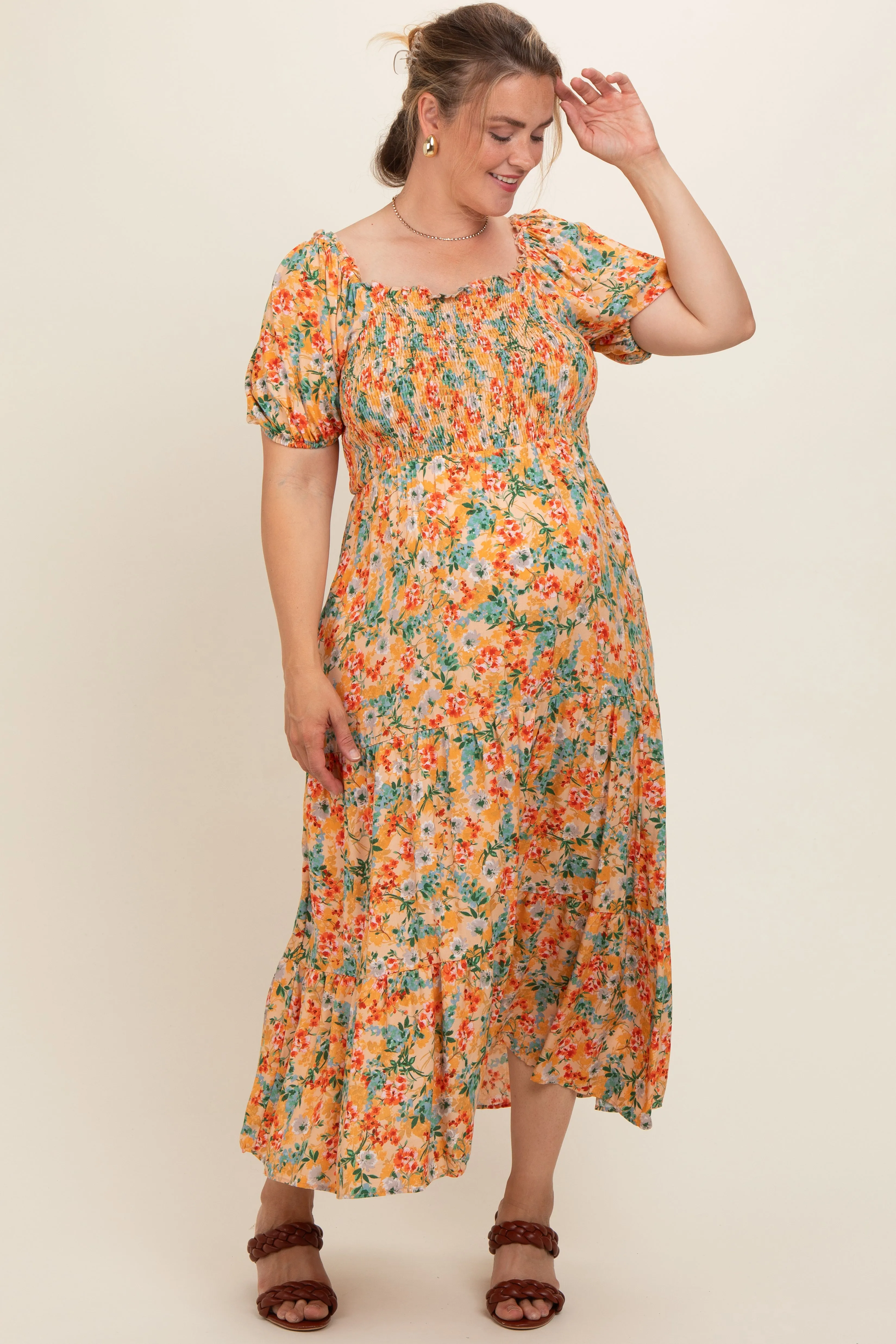 Peach Floral Smocked Tiered Maternity Plus Midi Dress sold by Pinkblush product image thumbnail 2