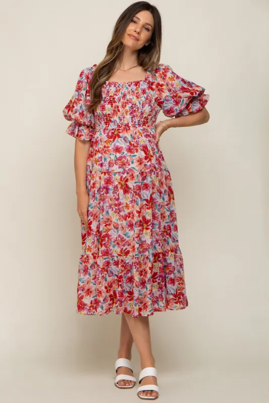 Red Floral Shimmer Chiffon Ruffle Square Neck Smocked Maternity Midi Dress sold by Pinkblush