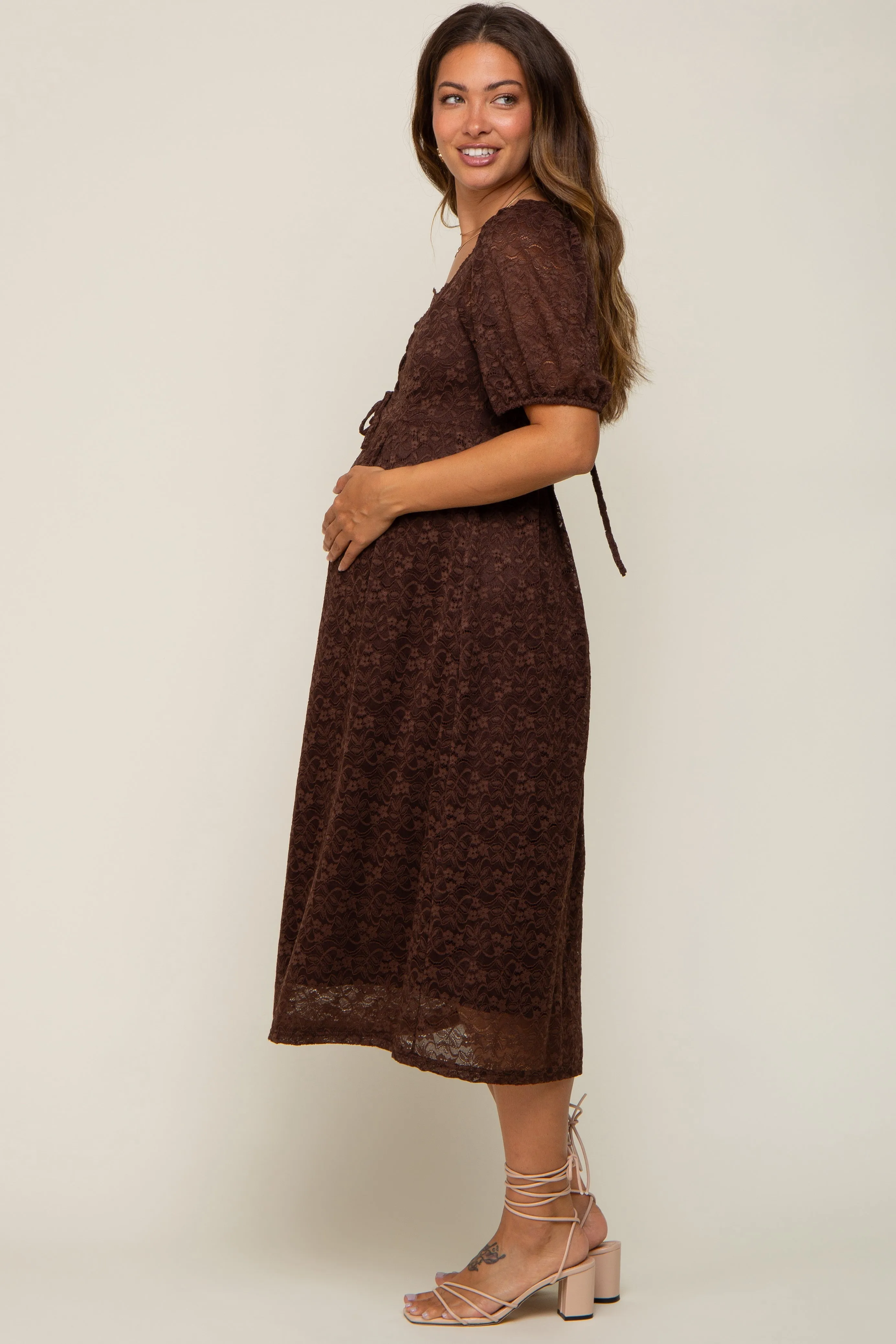 Brown Lace Cutout Maternity Midi Dress sold by Pinkblush product image thumbnail 4